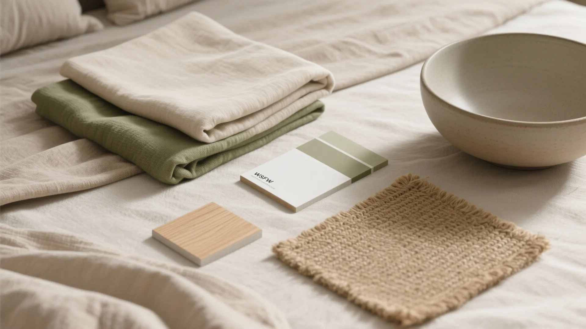 Interior design mood board with green fabric samples wooden swatches and a ceramic bowl display