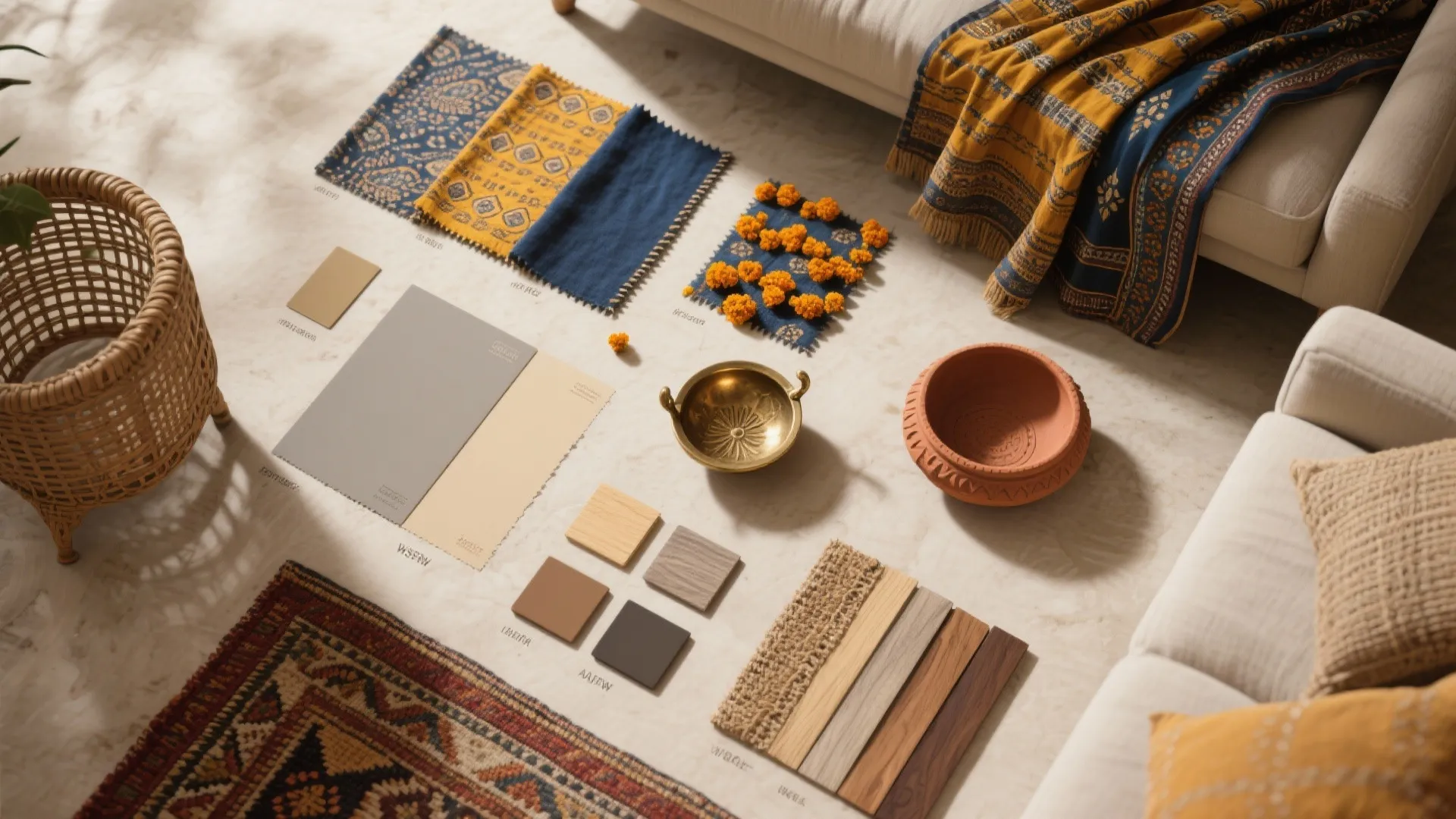 Interior design materials showing fabric samples wood swatches and paint colors on a light floor