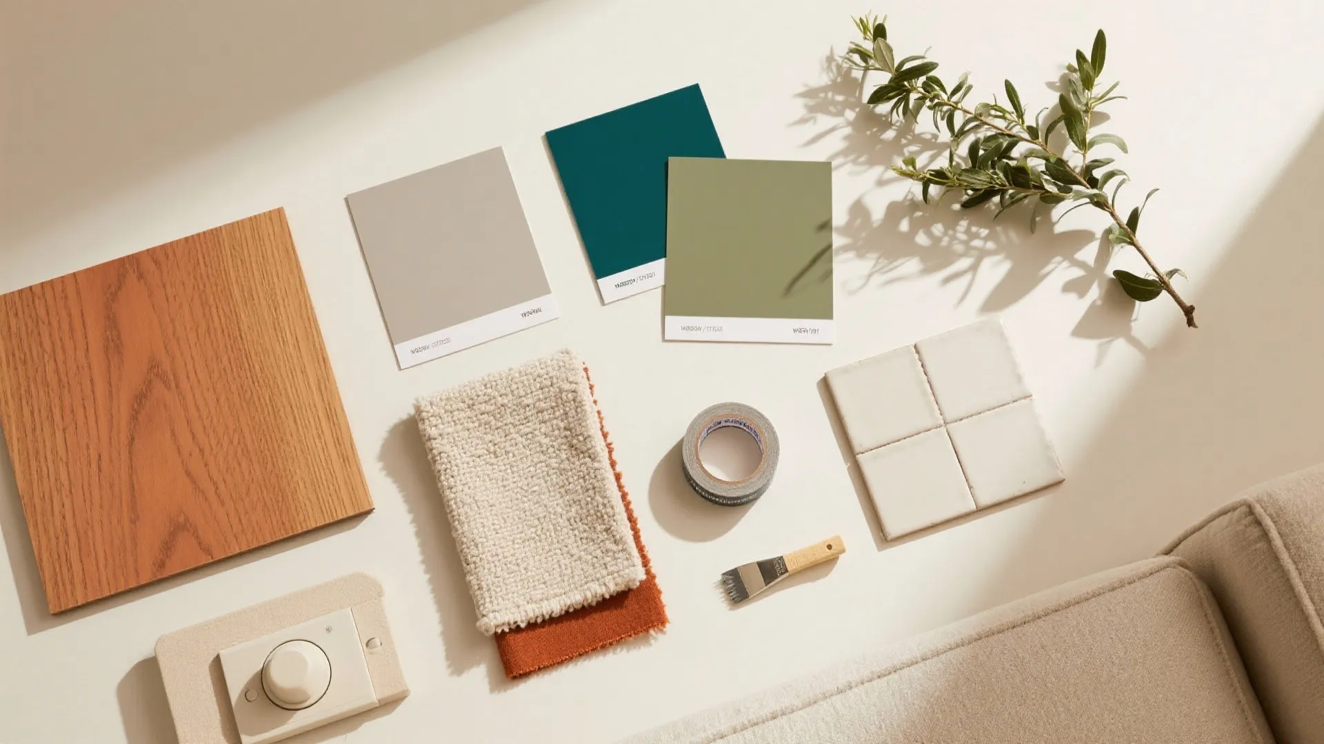 Interior design mood board with color swatches wood sample fabric tiles paint brush and branch