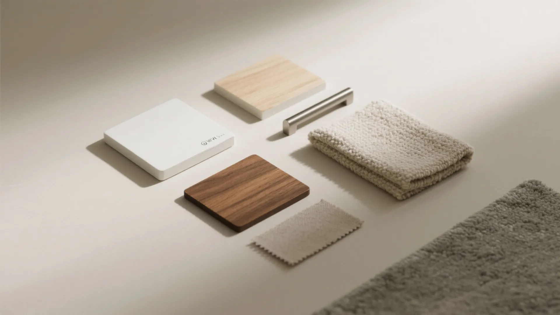 Flat lay material board featuring wood samples white tile metal handle fabric and grey area rug