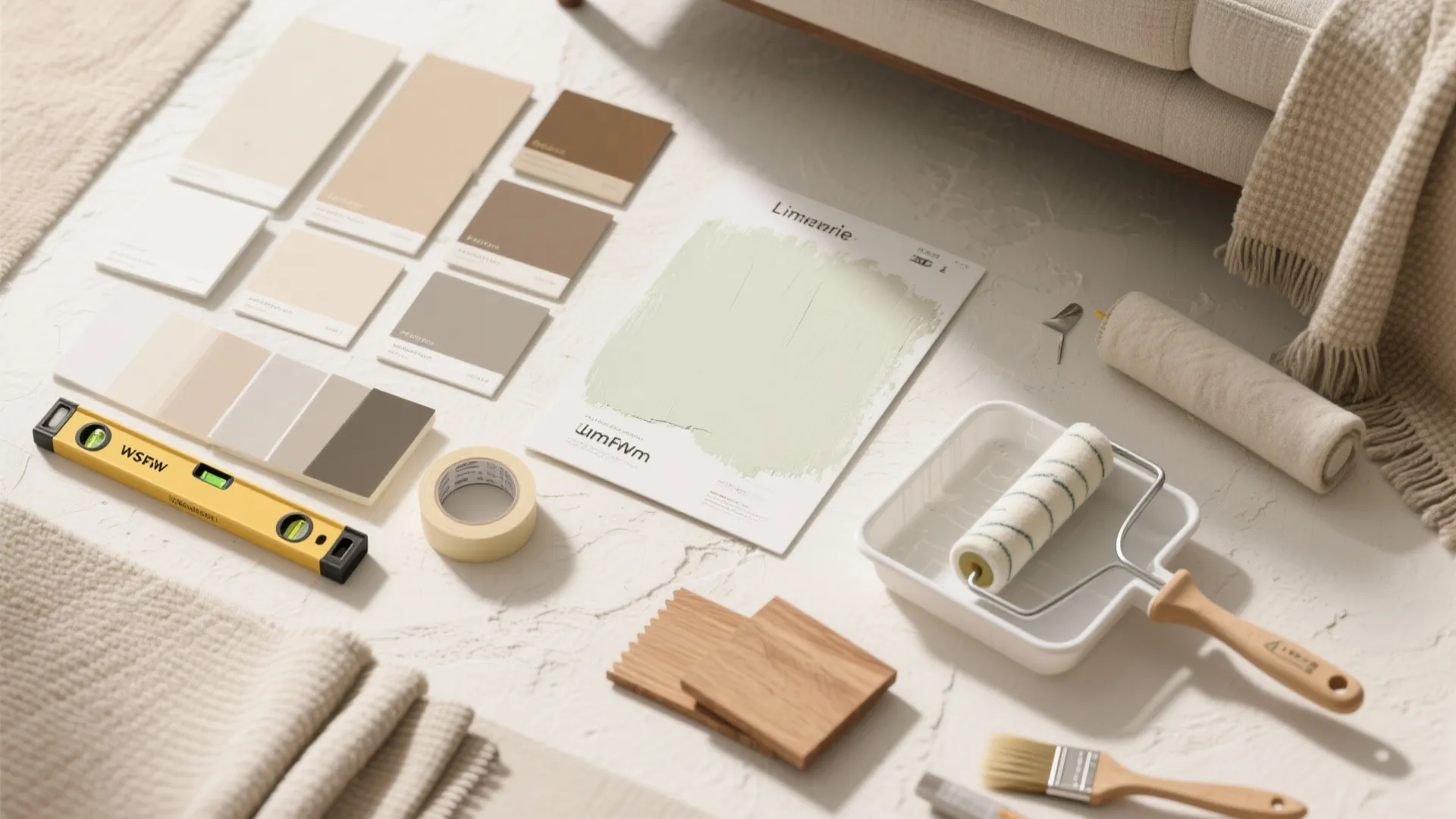 Top-down flatlay of warm neutral paint swatches, limewash sample, tape, brushes, roller, fabrics, and oak wood.
