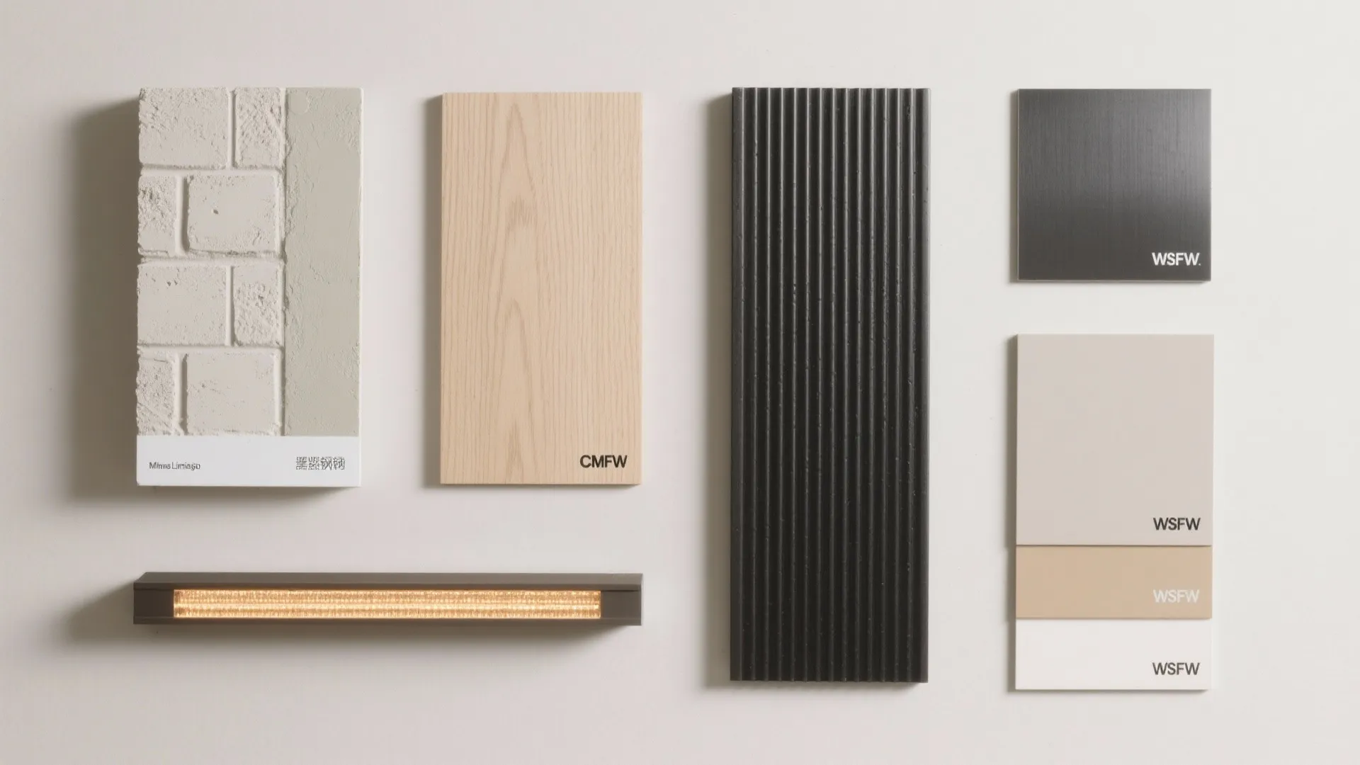 Interior design material board with wood samples brick wall panel light fixture and color swatches