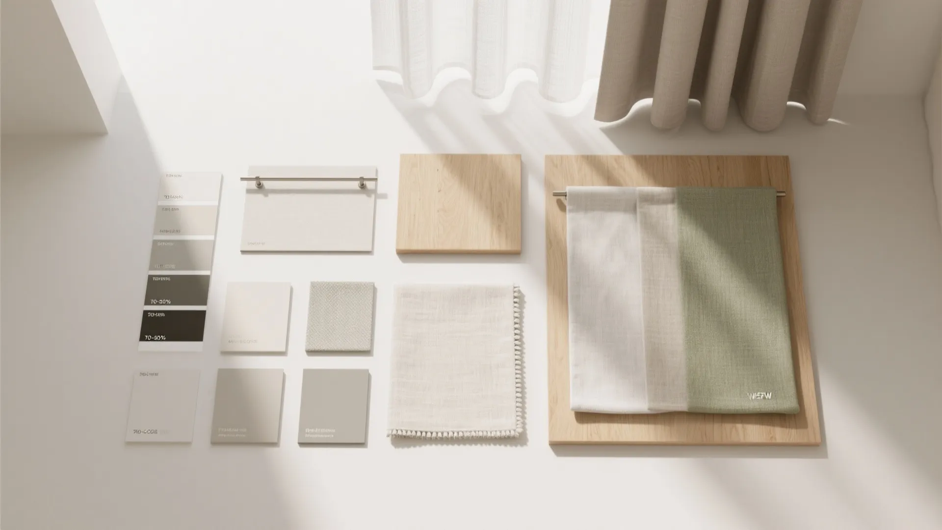 Interior design mood board with fabric samples wood blocks paint swatches and a light curtain