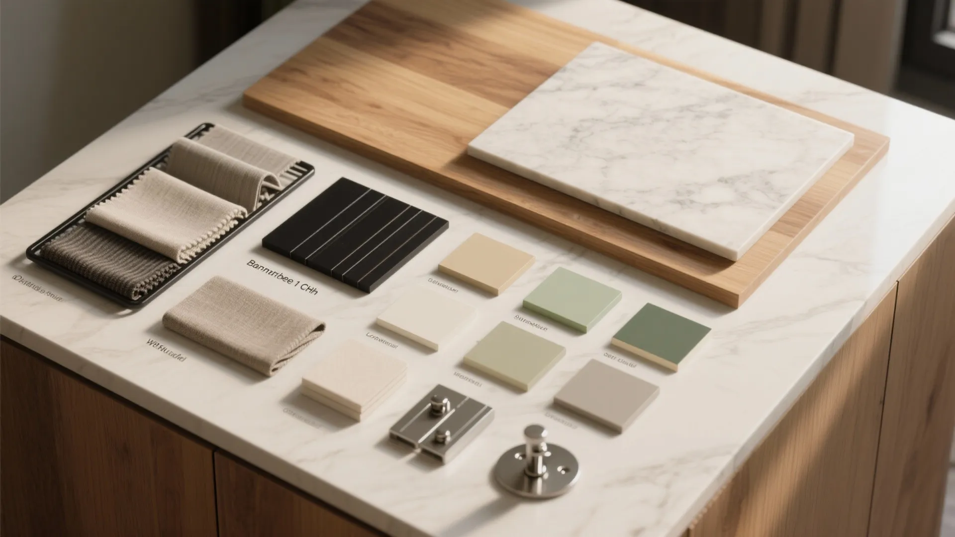 Interior design material palette with wood boards marble tiles fabric swatches and colorful square tiles