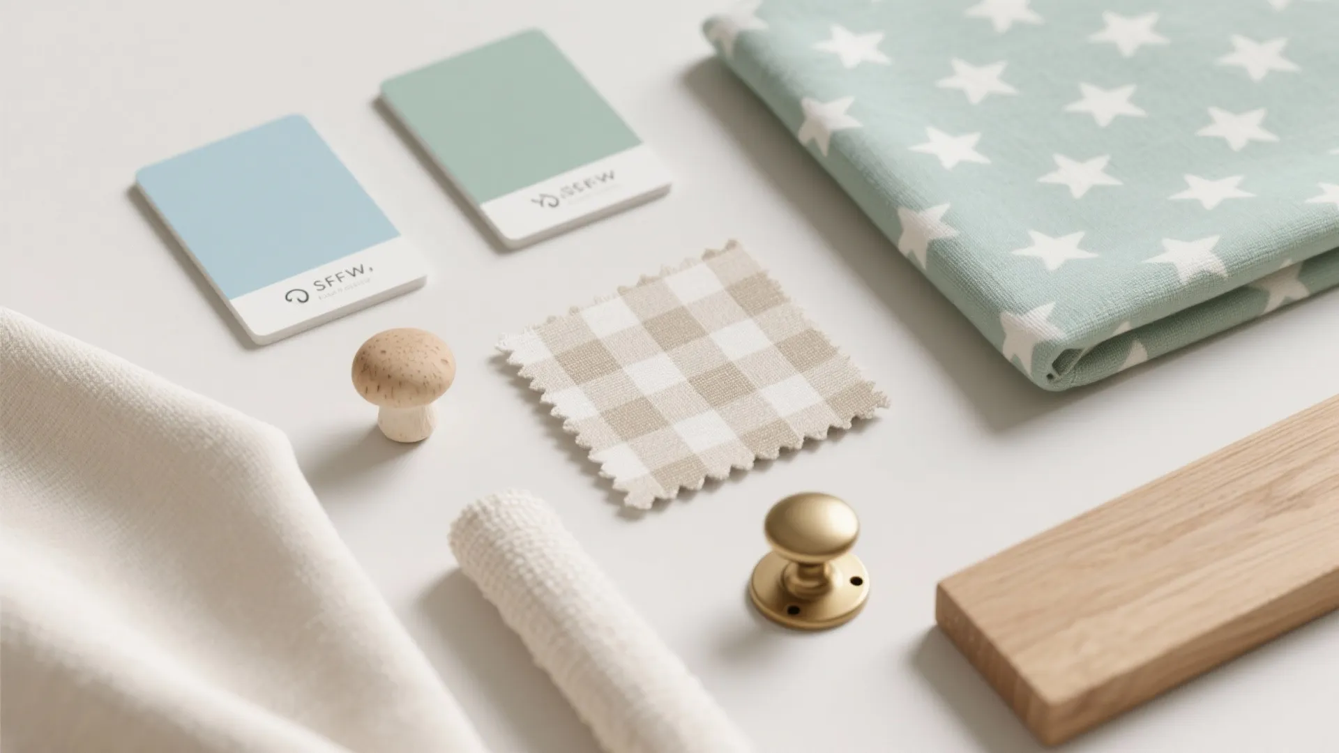 Interior design mood board with blue color cards fabric samples wood piece and metal door knobs