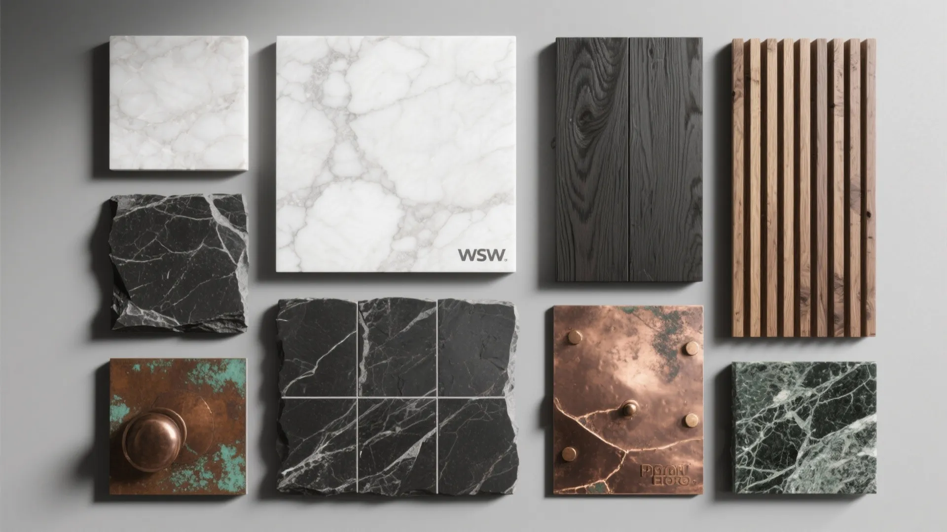 Interior design material samples including marble tiles wood boards stone pieces and copper wall panels