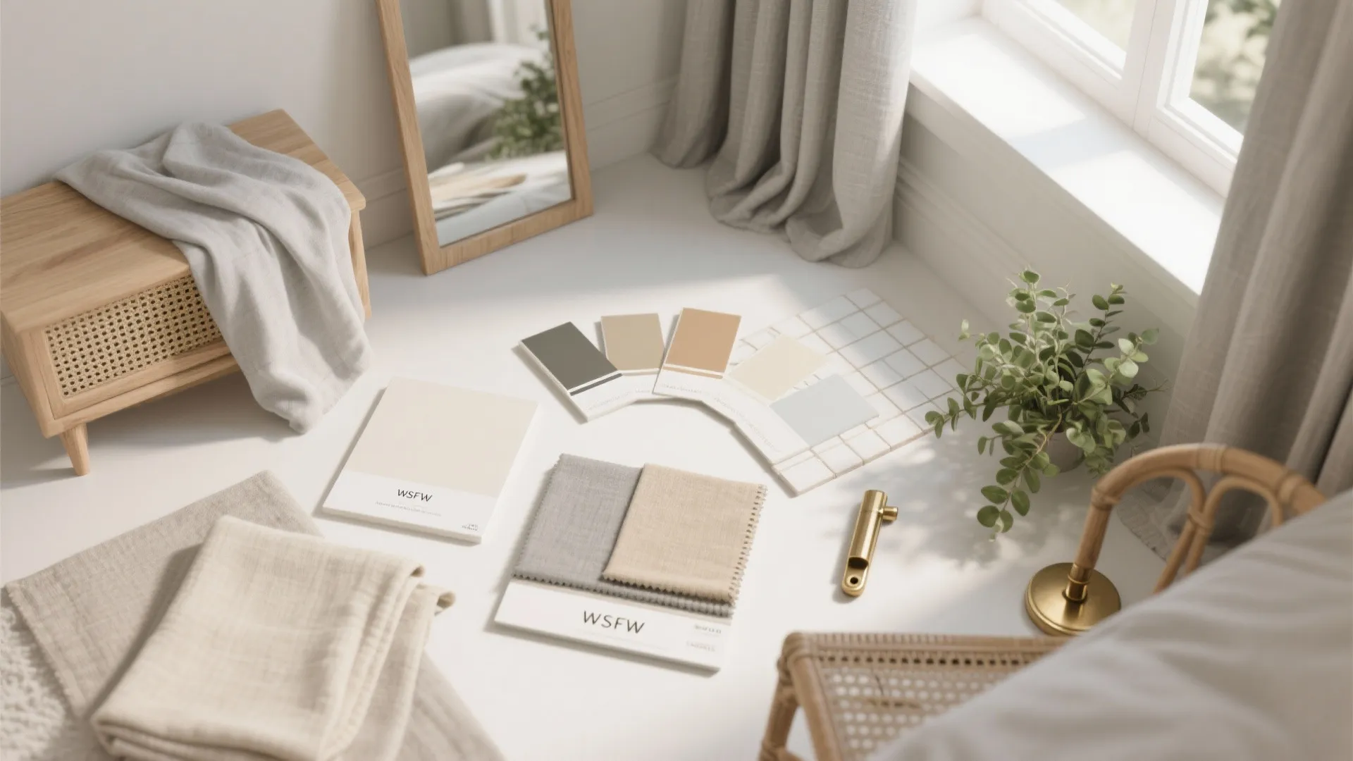 Interior design color palette with fabric samples paint cards tiles and wood cabinet on white floor