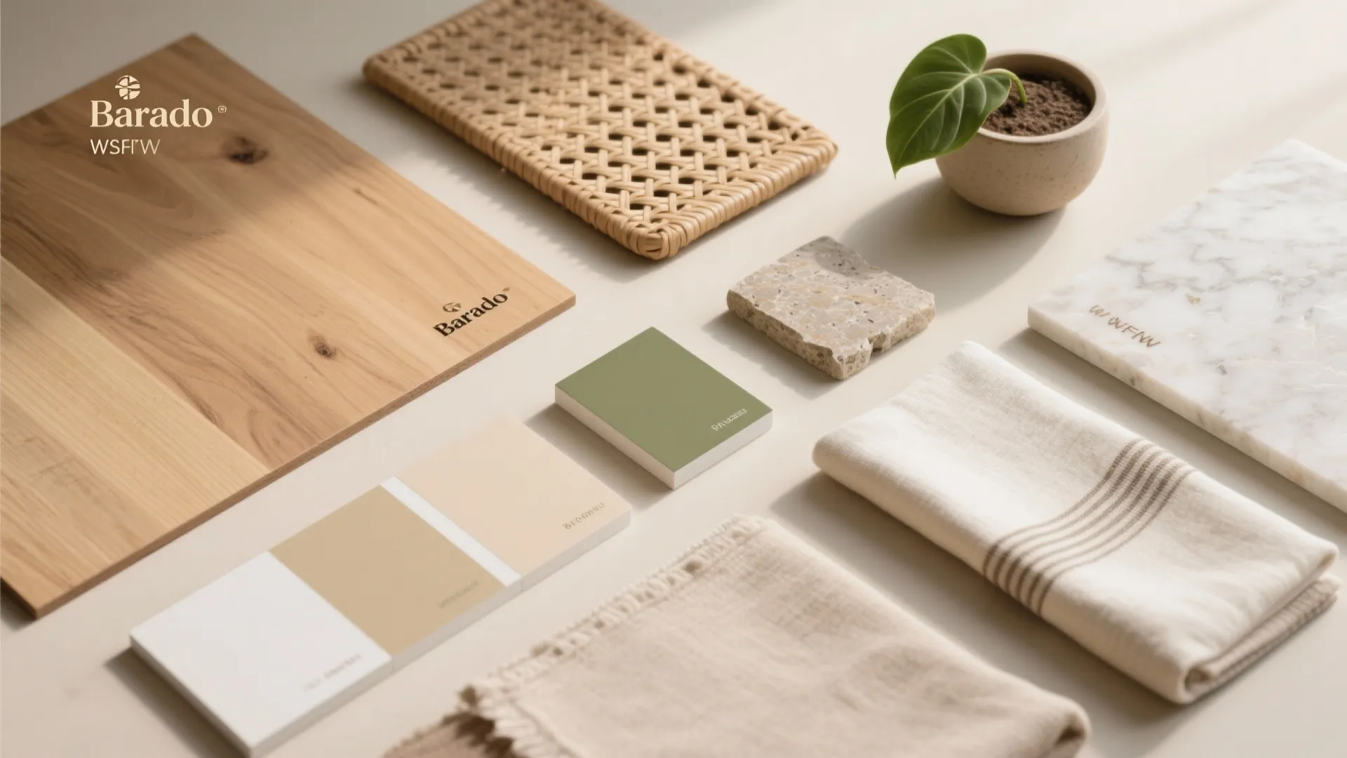 A warm, earthy palette with wood, plants, and breathable fabrics