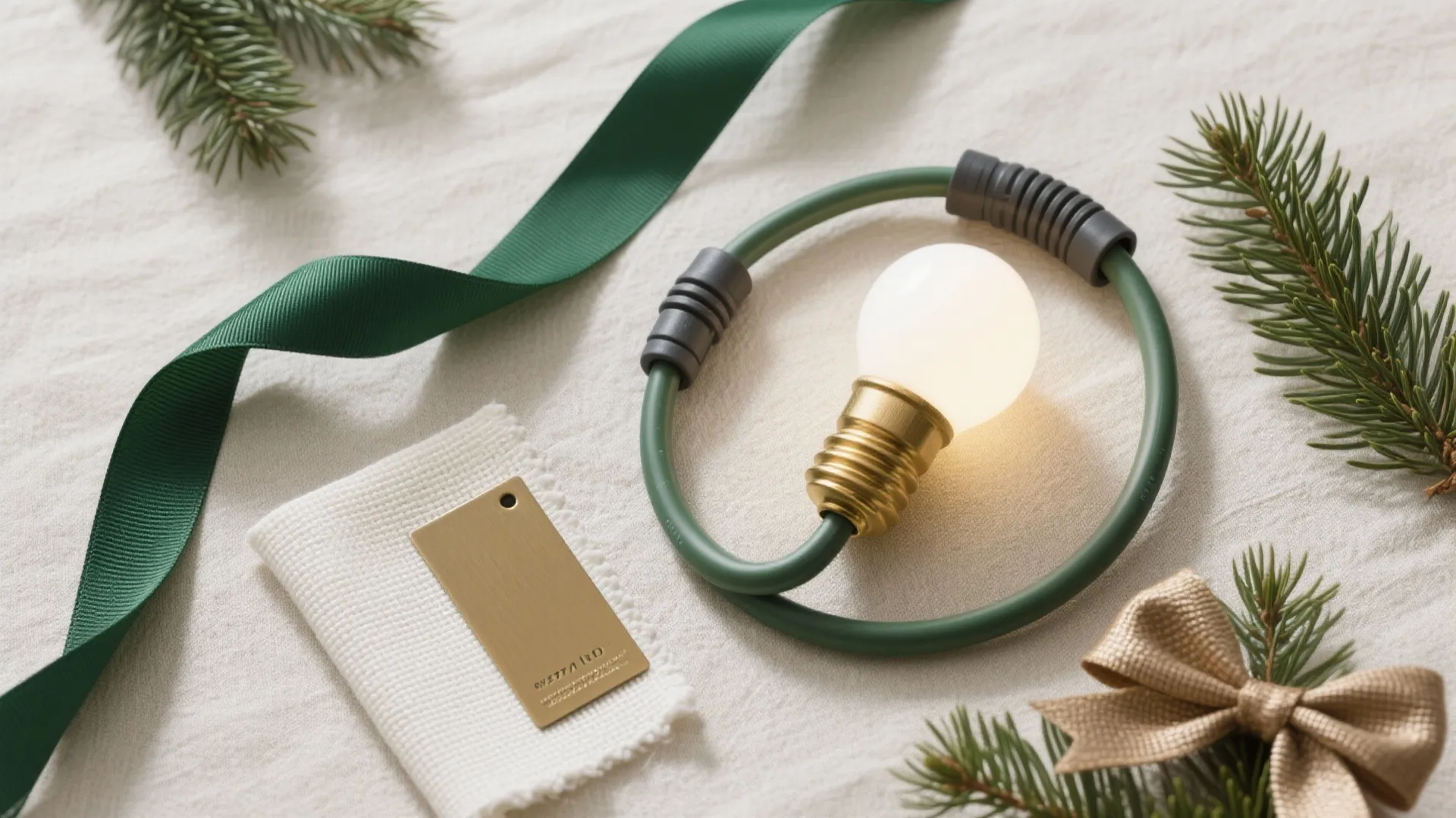 Top-down flat lay of cedar green, linen white, and brushed brass holiday materials and LED elements.