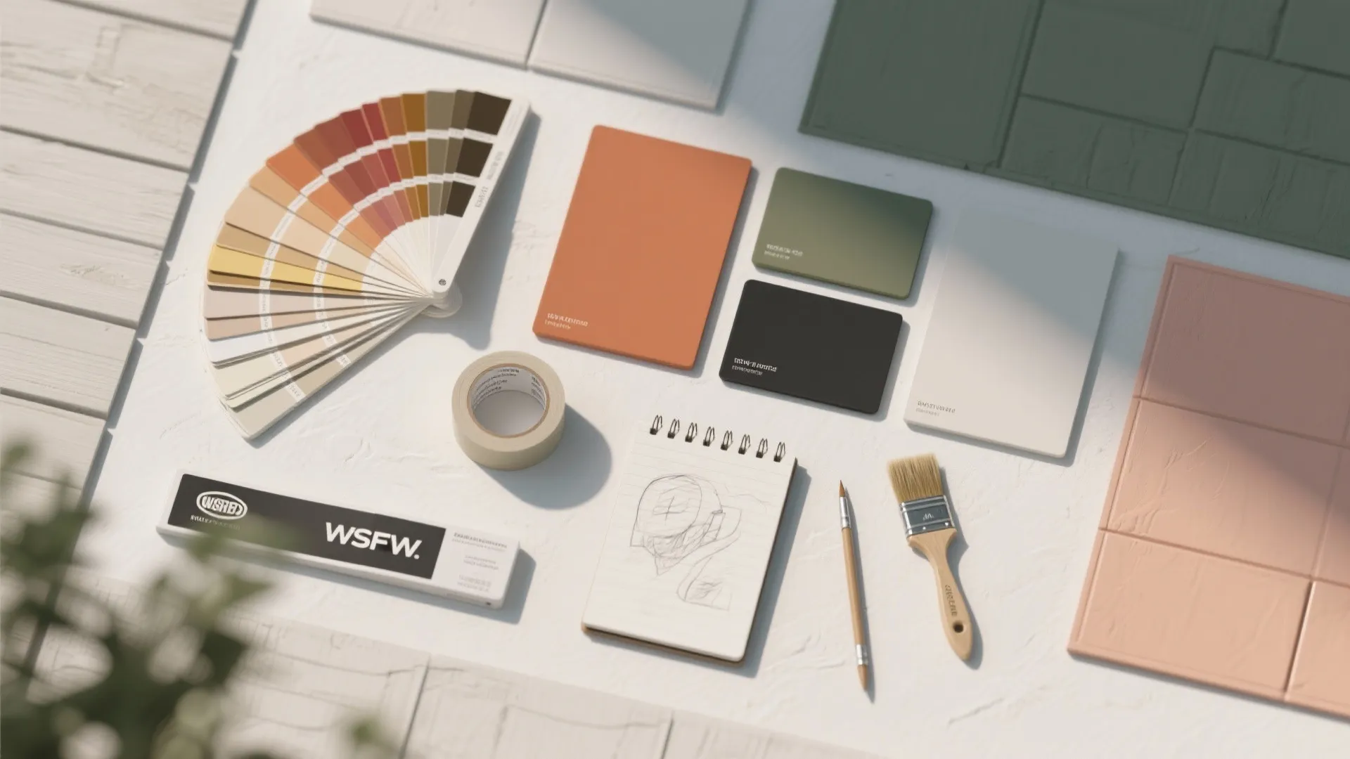 Interior design materials flatlay with color fan paint cards sketchbook pencil brush and tile samples