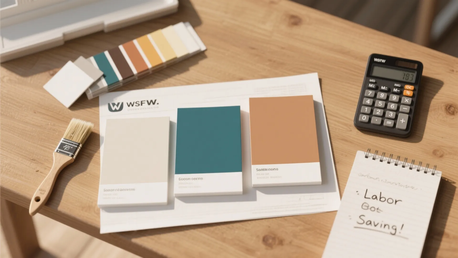 Desktop with paint color samples and a paintbrush and a calculator and a small notebook