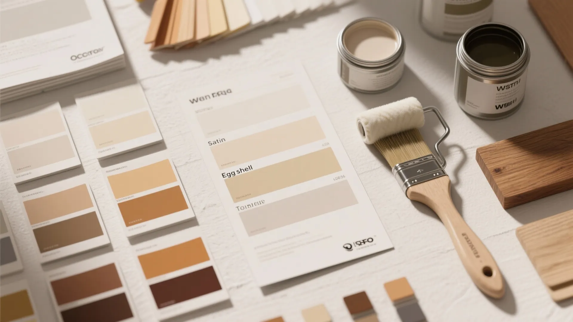 Selection of beige paint swatches and color samples with paint brush and paint roller tools