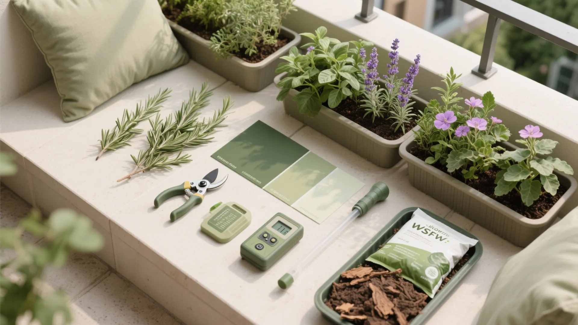 Flat lay of balcony planting palette, small tools, drip trays, mulch, and neutral-green color swatches.
