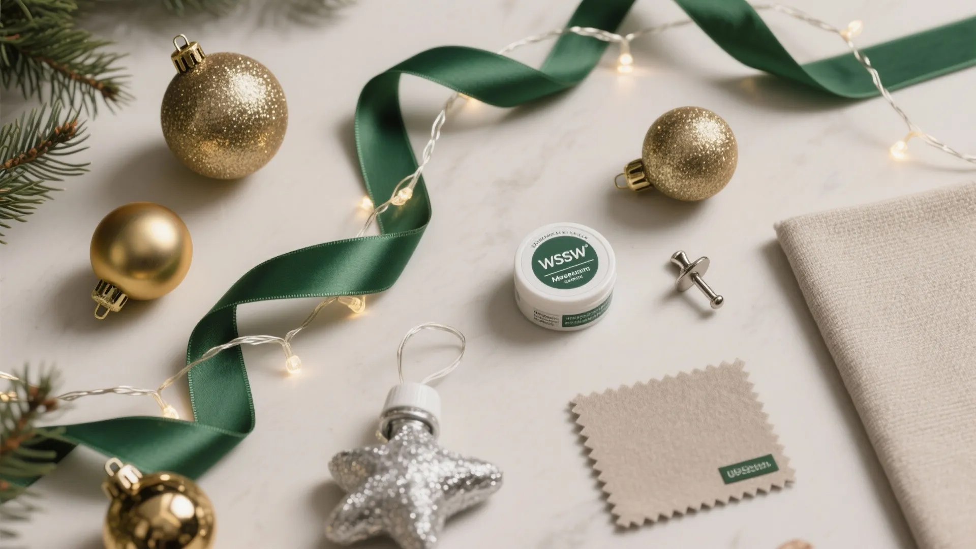 Holiday design flat lay with green ribbon golden balls star ornament fabric swatches and cream background
