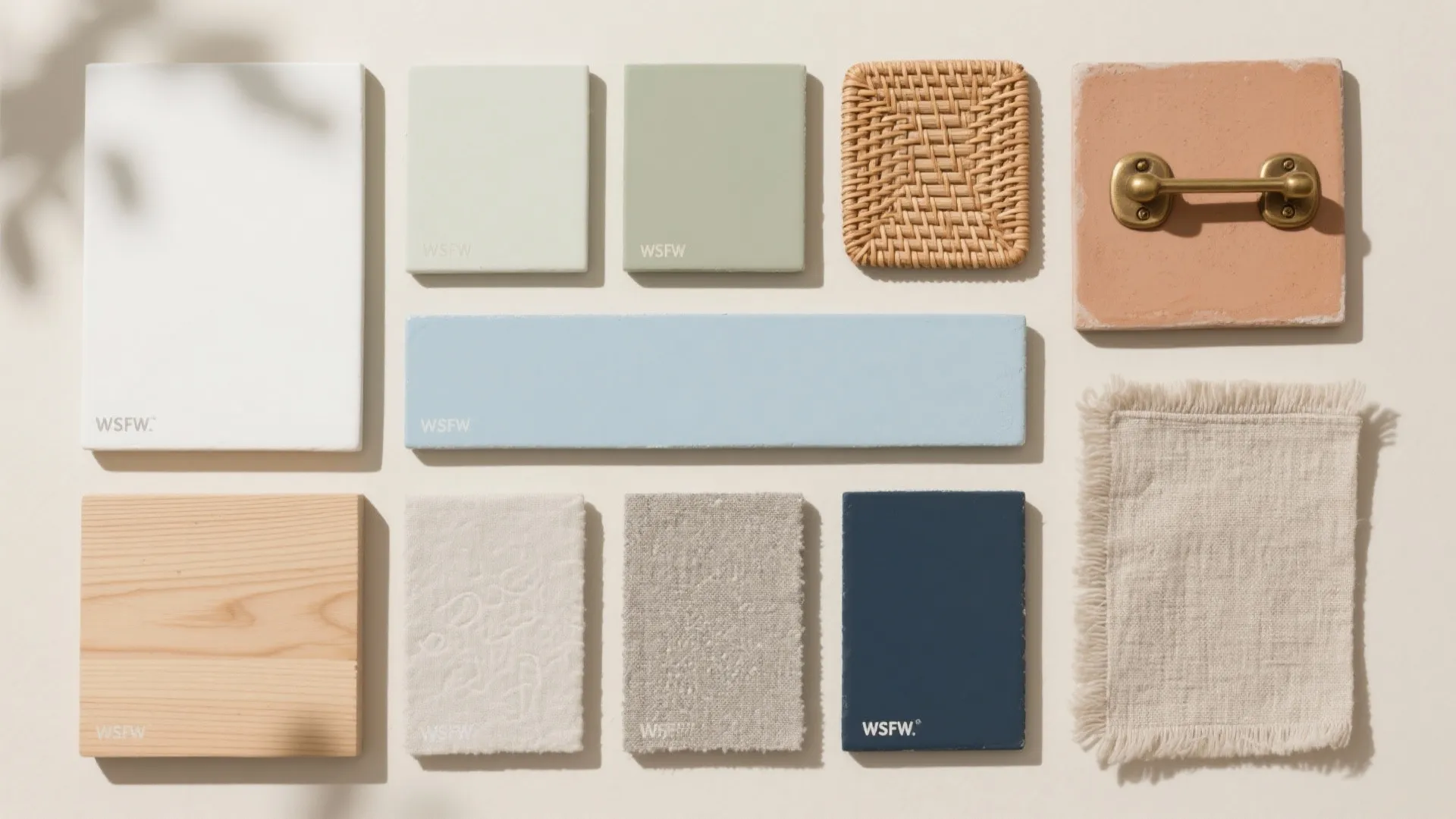 Top-down flat lay of five paint swatches with oak, linen, rattan, brass, and clay textures.