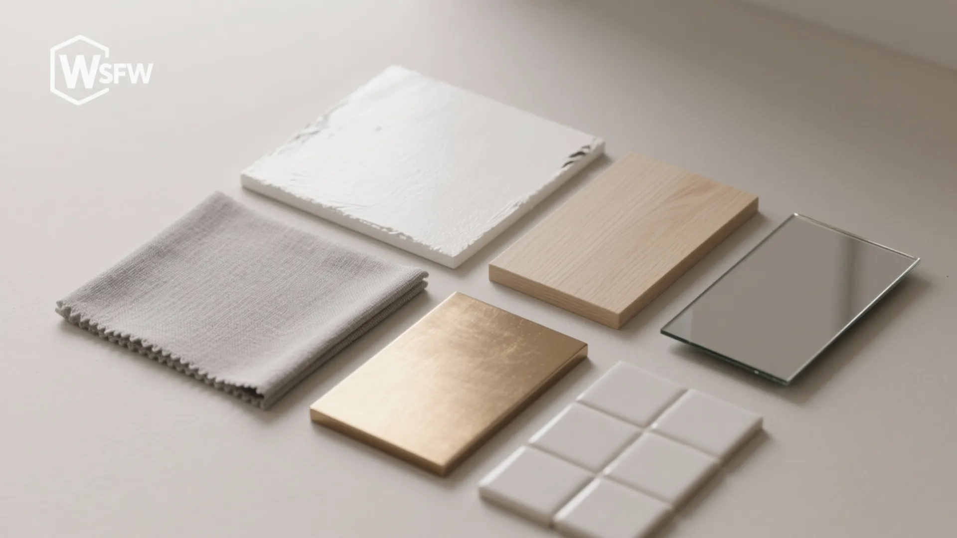 Top-down flatlay of paint chips and material samples showing a light, reflective palette with wood and metal accents.