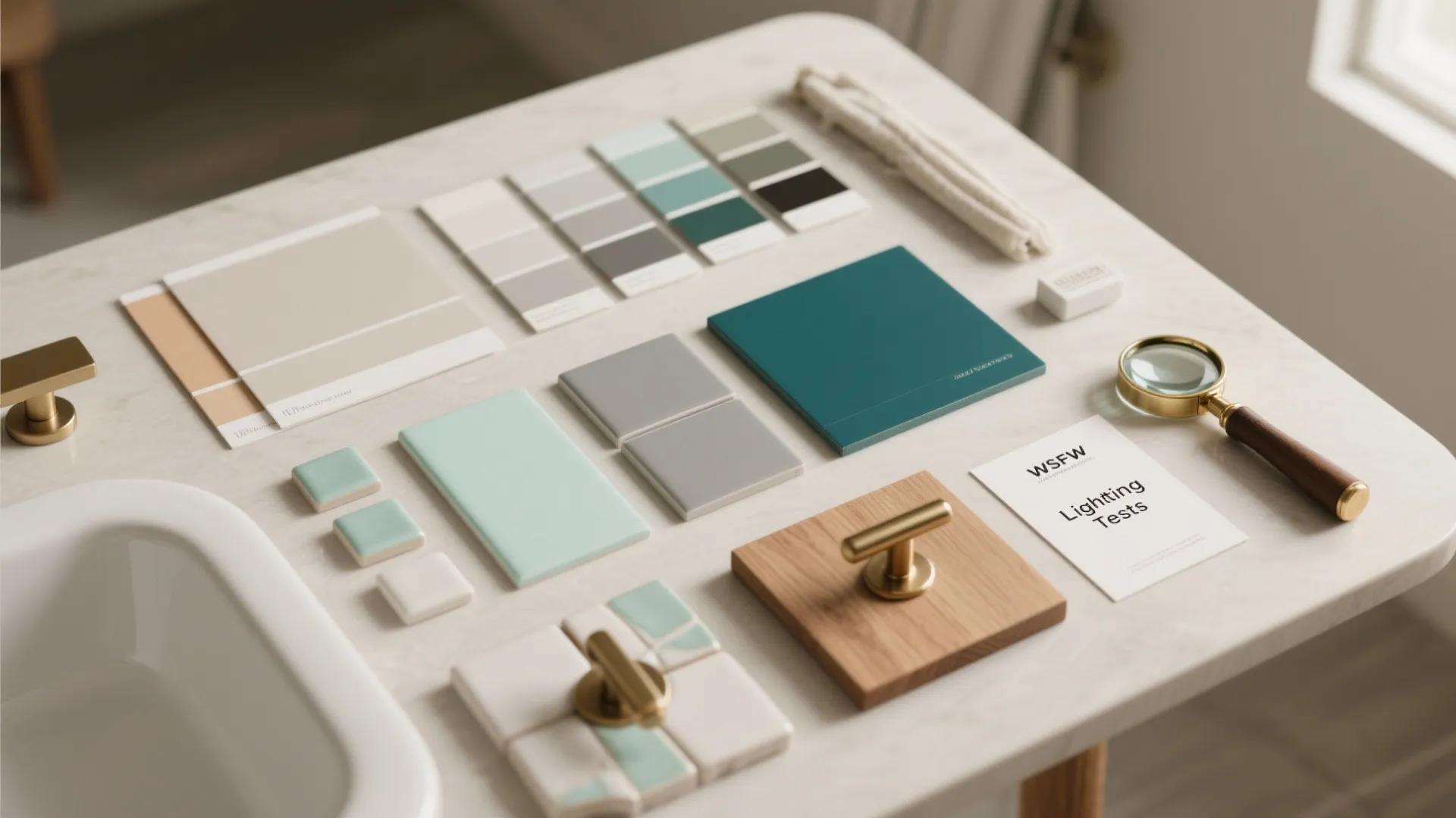 Interior design materials flat lay with color swatches tiles wood samples and metal cabinet handles