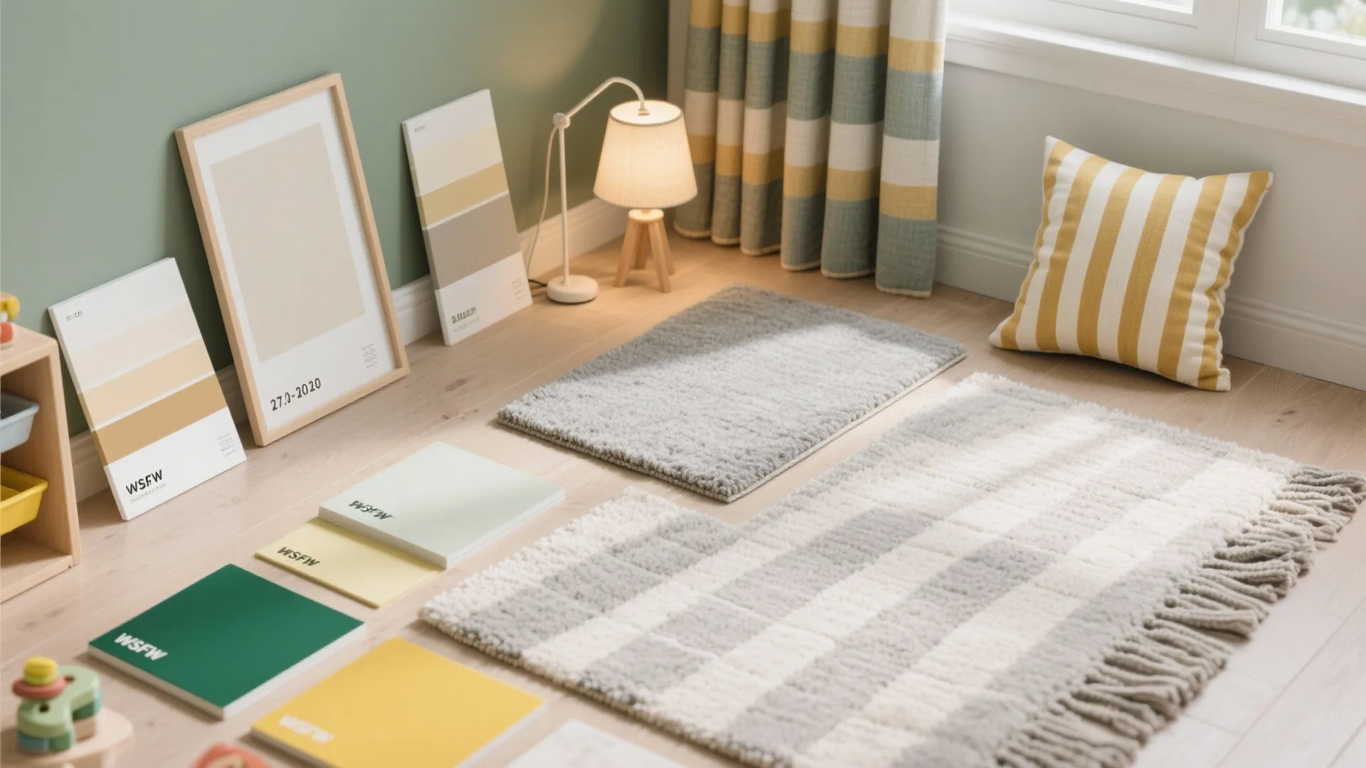 Interior design mood board with color samples rugs striped pillow and small table lamp on floor