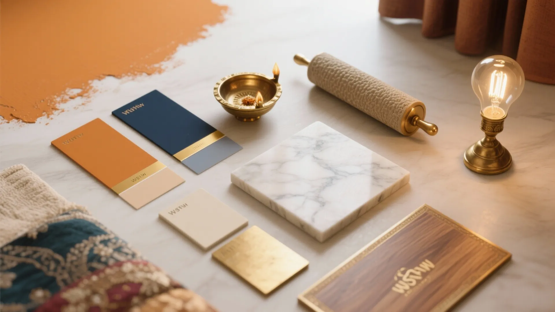 Interior design mood board with marble tile wood samples color swatches and a light fixture