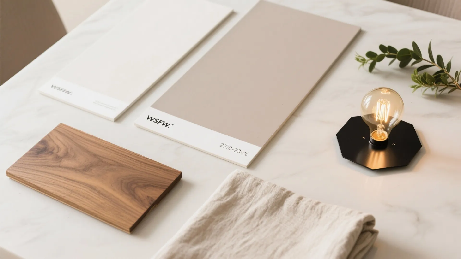 Interior design material board with paint samples wood flooring fabric light bulb and green plant