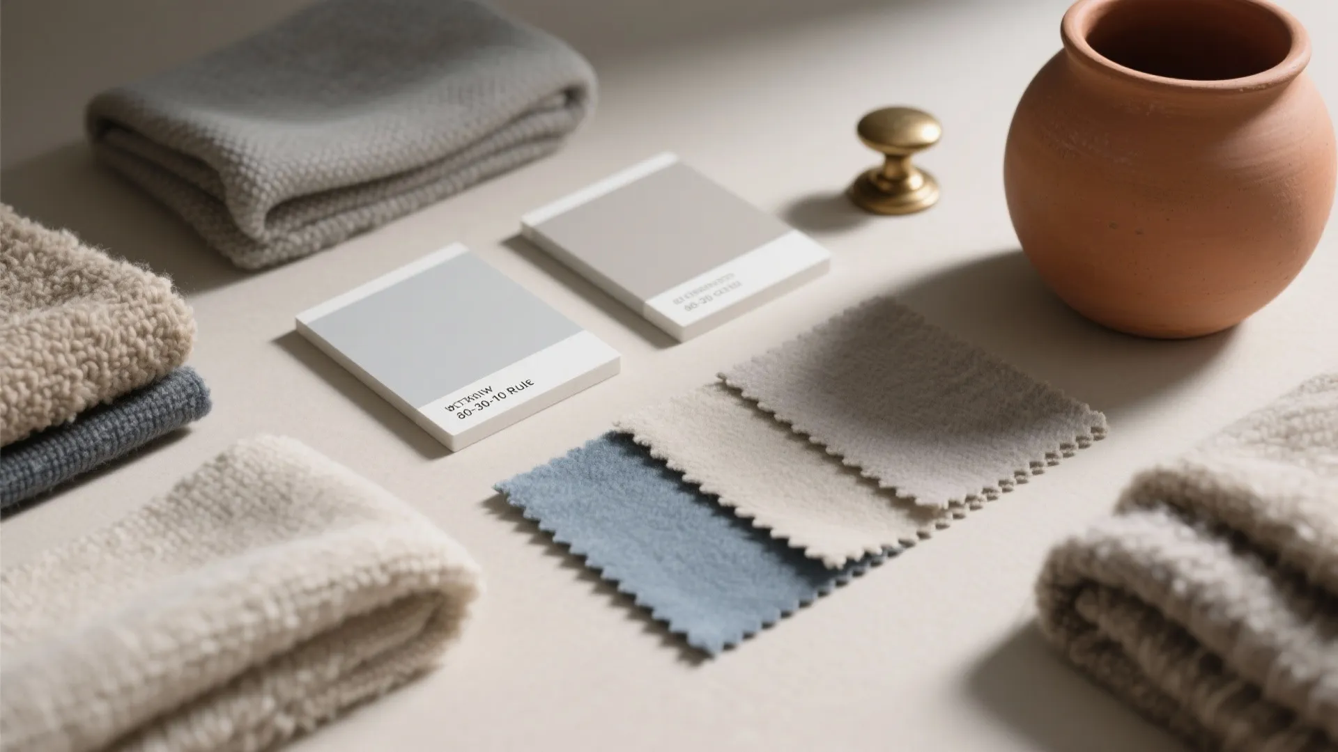 Interior design mood board with grey fabric swatches paint cards and a small clay pot