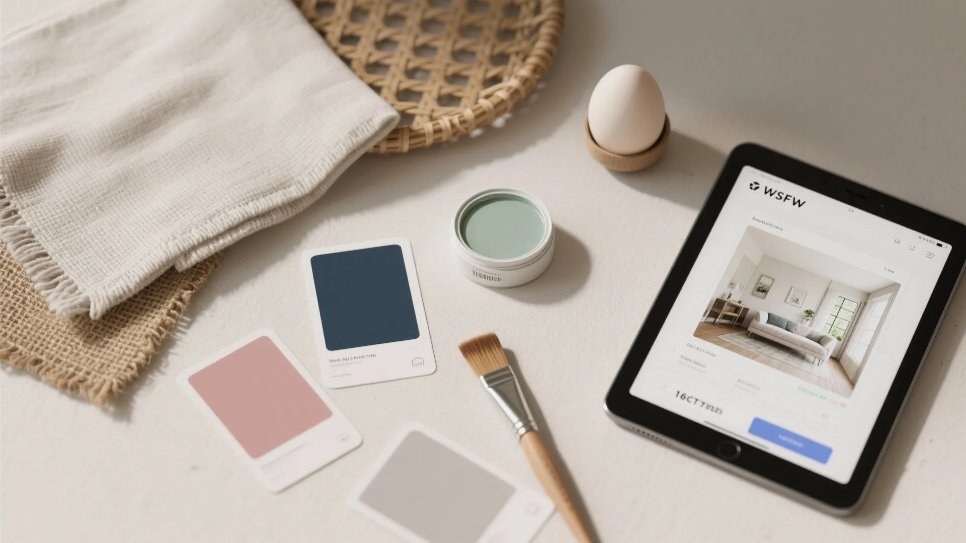 Interior design mood board with color cards paint brush and tablet showing a living room