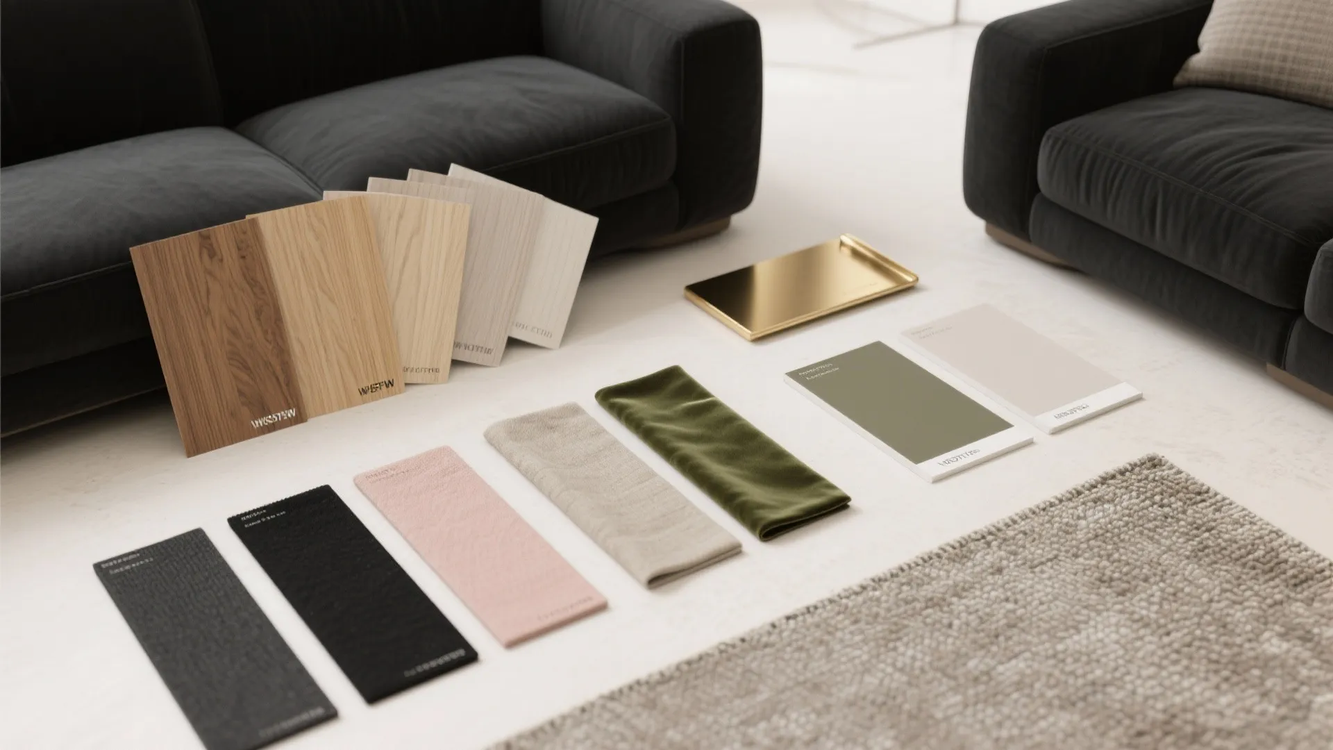 Interior design mood board with wood samples fabric swatches and color cards on white floor