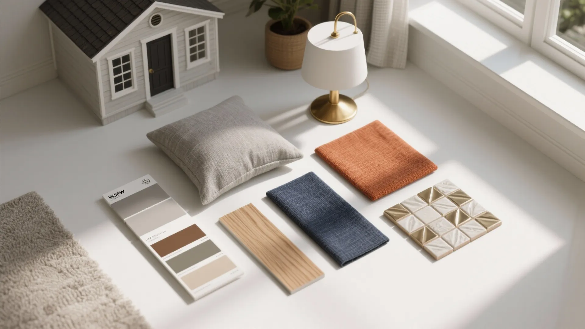 Interior design material board with fabric swatches color palette wood sample and small house model