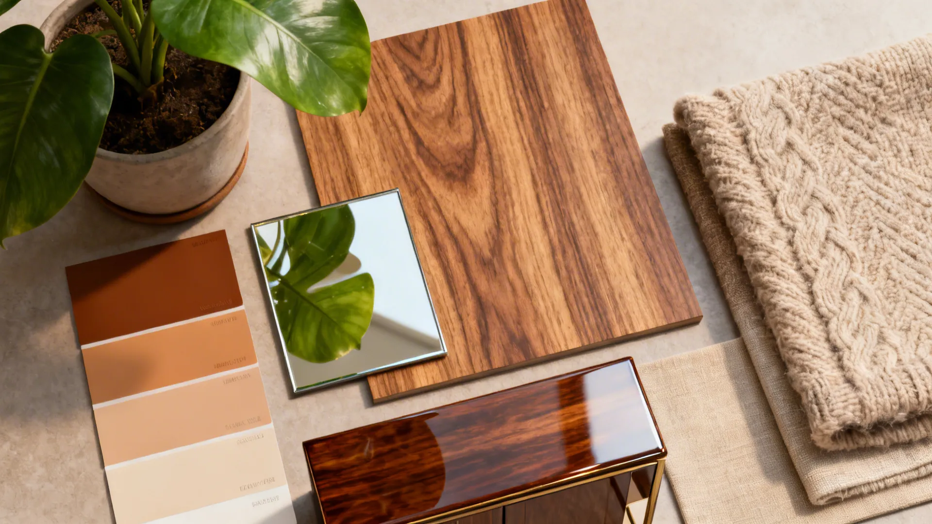 Flatlay of warm neutral paint swatches, wood, mirror sample and textiles for a cohesive living room palette.