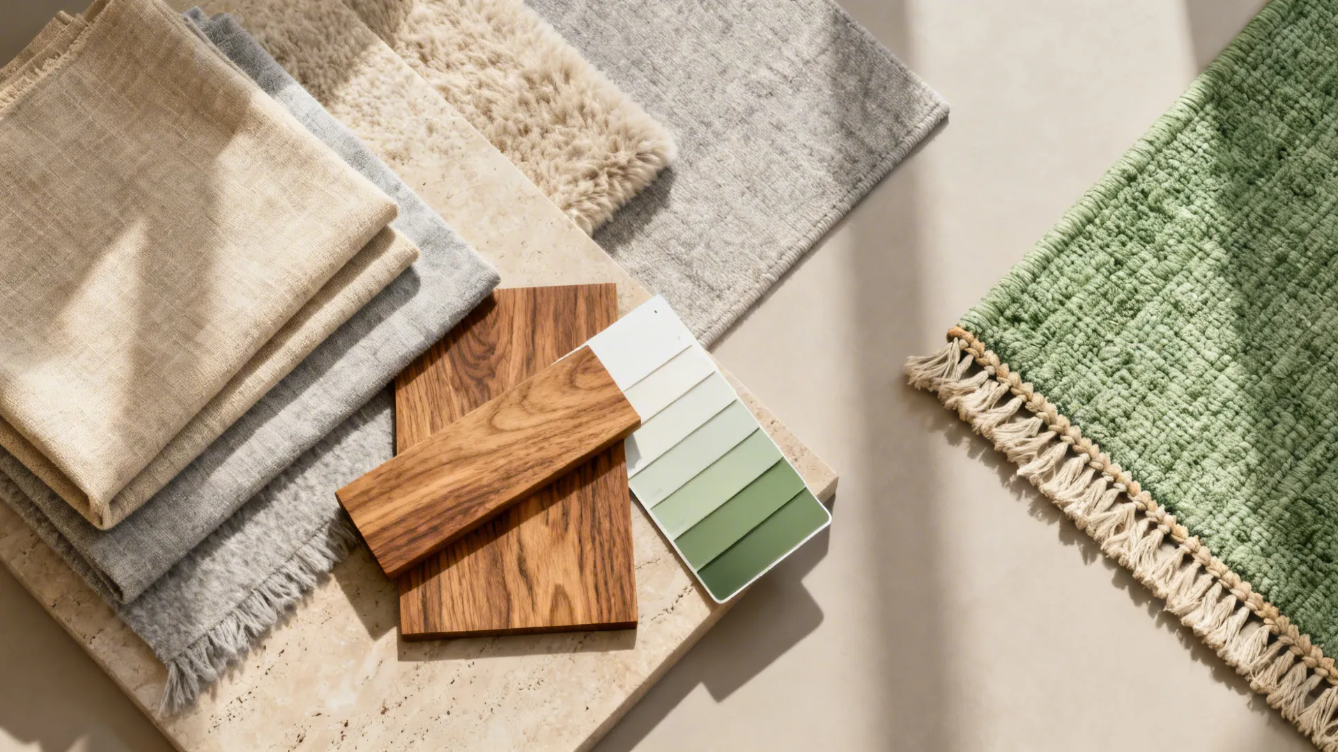 Flatlay of fabric swatches, paint chips, wood and rug samples showing a cohesive warm neutral palette with green accent.