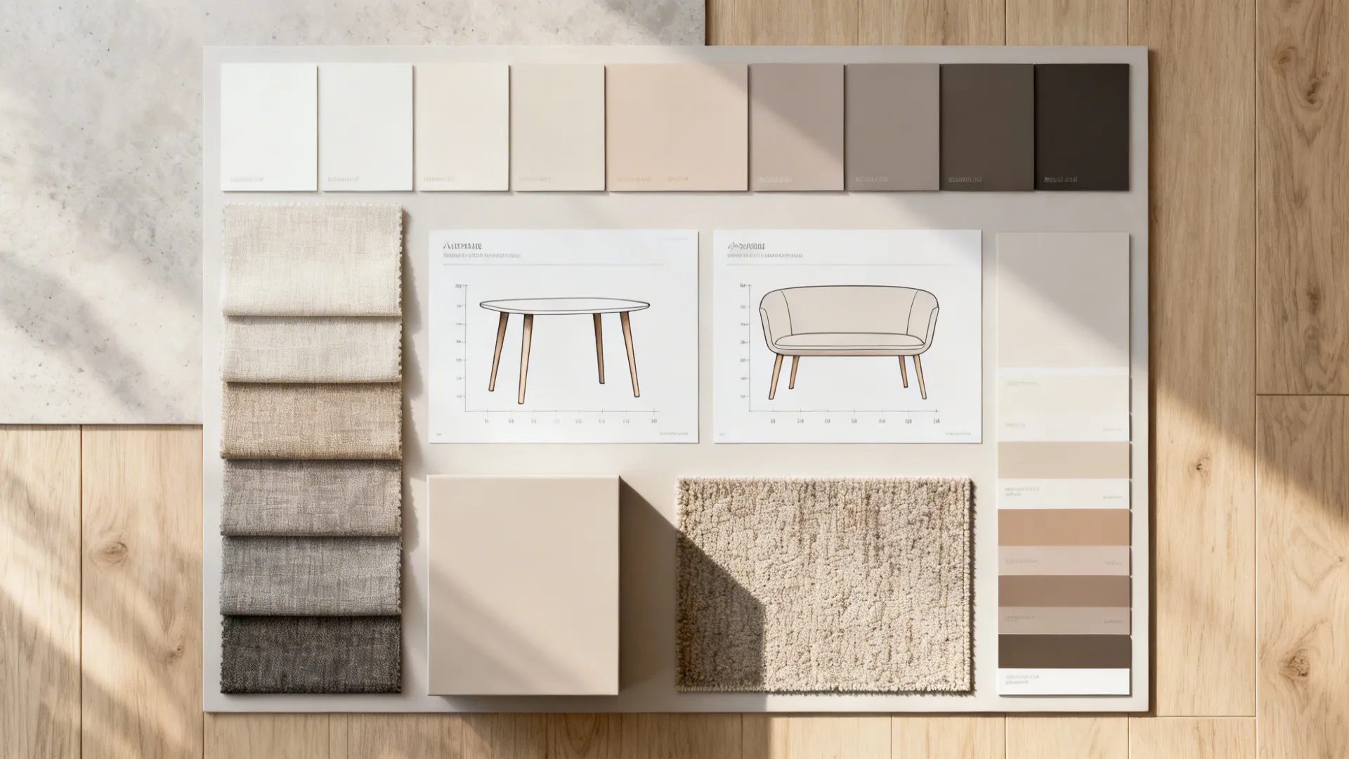 Material and color flatlay showing simple palette and scaled furniture samples for a tiny living room.