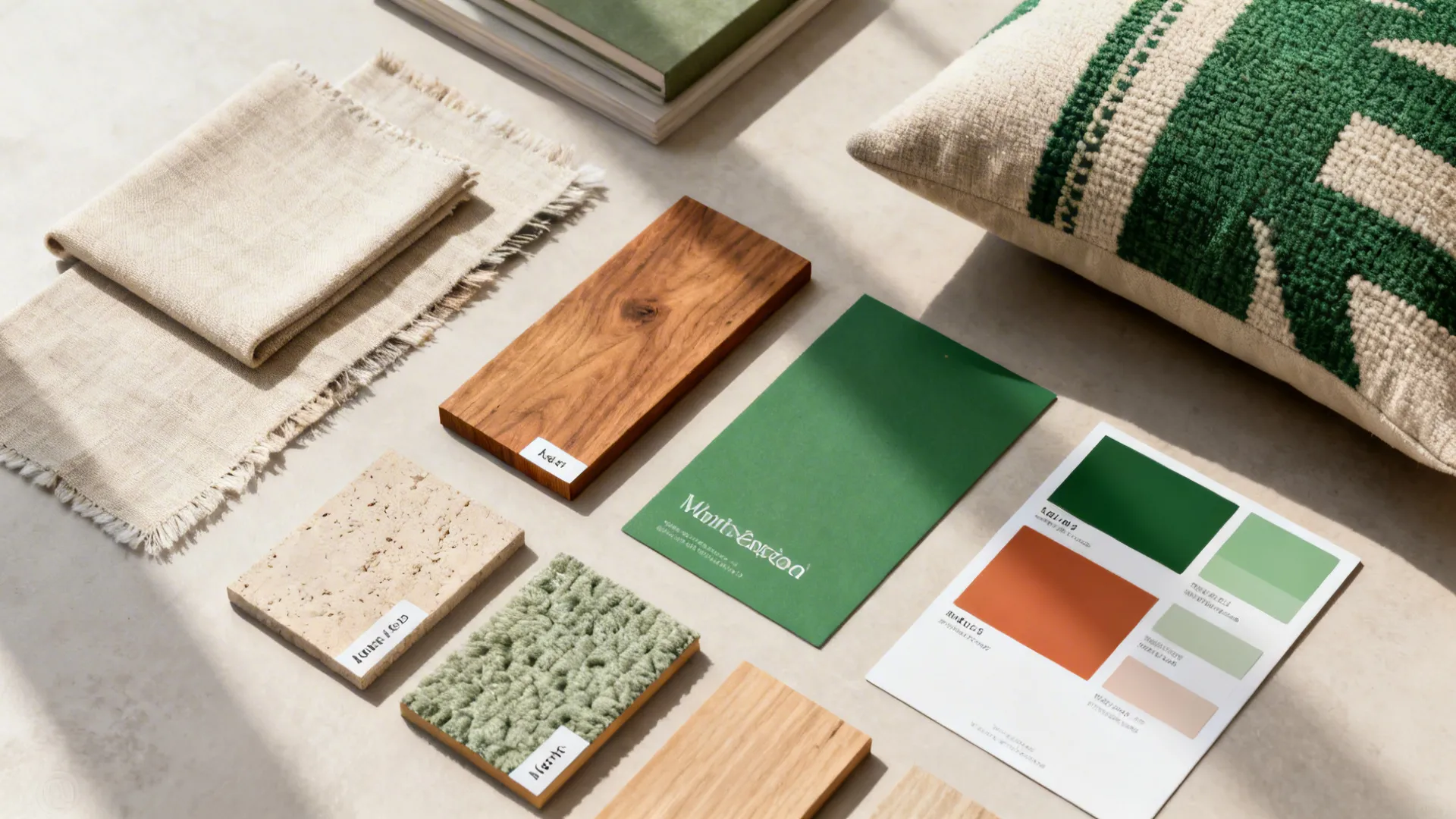Flatlay of neutral base palette with green and terracotta accent swatches and fabric samples