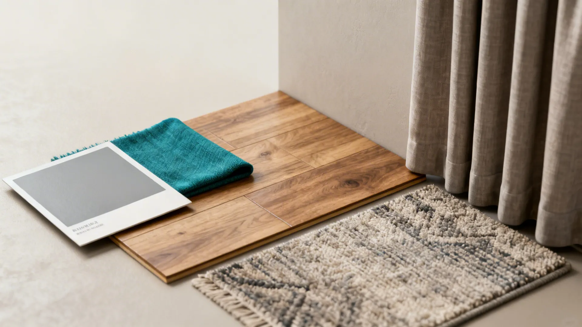 Flatlay of grey and teal color swatches, wood sample and rug texture for zoning a small room.