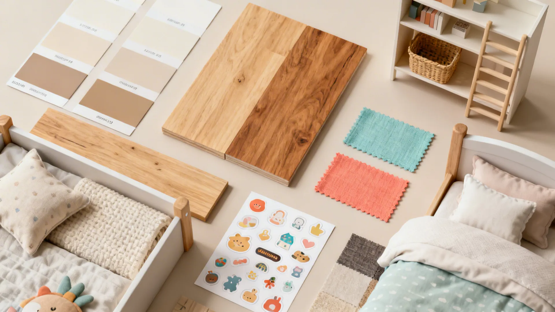 Flatlay moodboard with neutral base palette and two accent fabric swatches for a shared bedroom