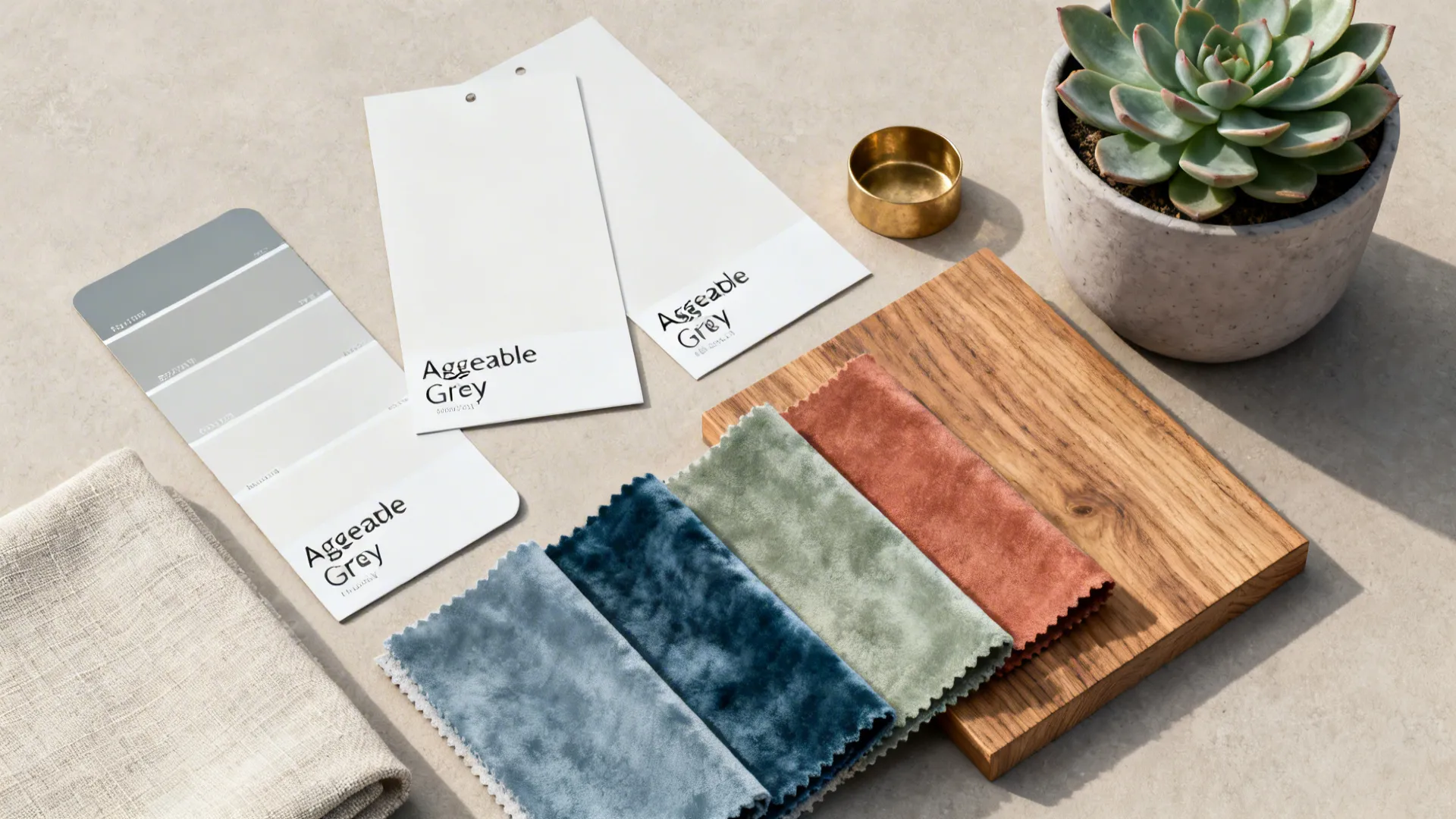Flatlay of paint, fabric, wood and metal samples for an Agreeable Gray living room palette.