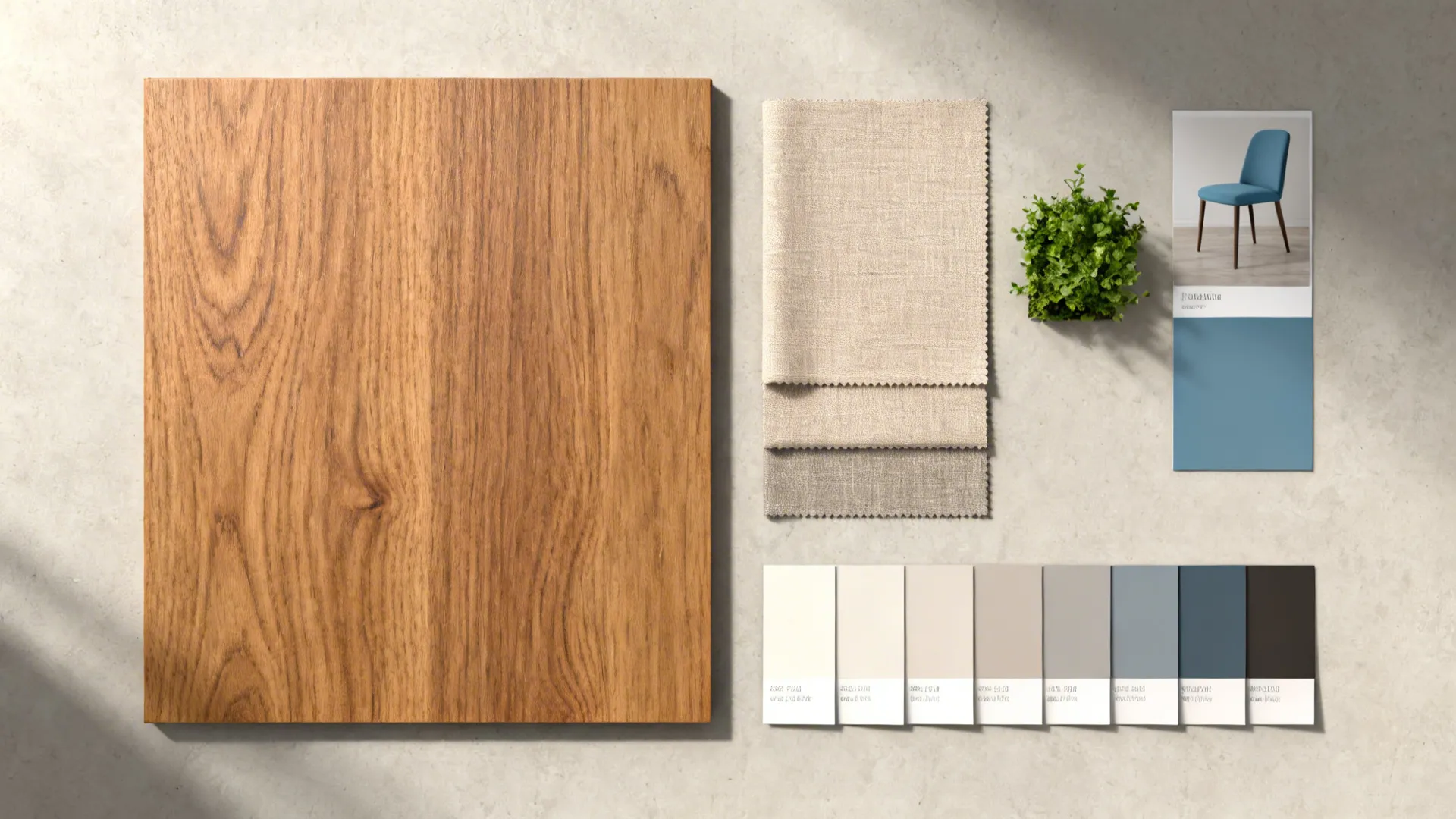 Flatlay of warm oak, neutral fabrics and muted blue accent swatches for a cohesive open-plan palette