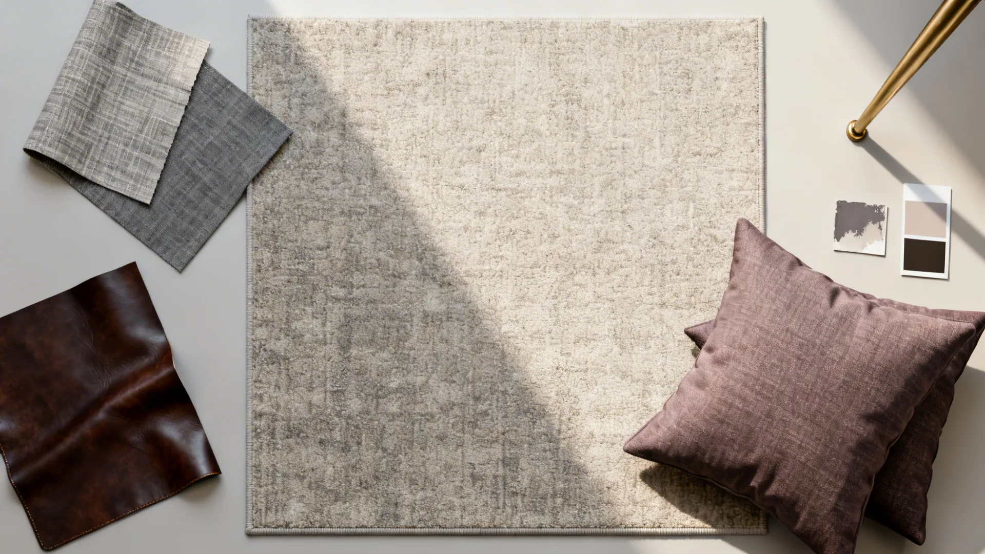 Top-down flatlay of fabric and leather swatches, rug and brass leg sample in a neutral palette