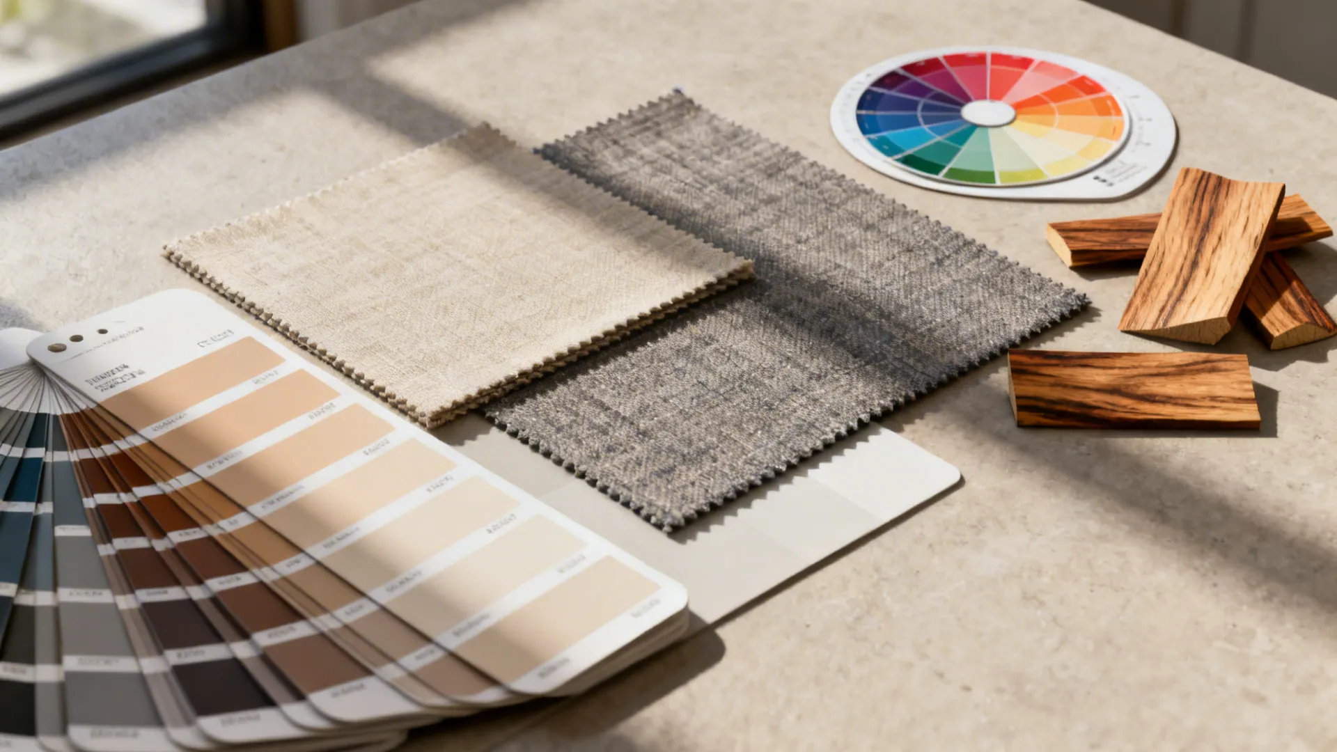 Top-down view of paint swatches, fabric samples and wood chips for testing colors