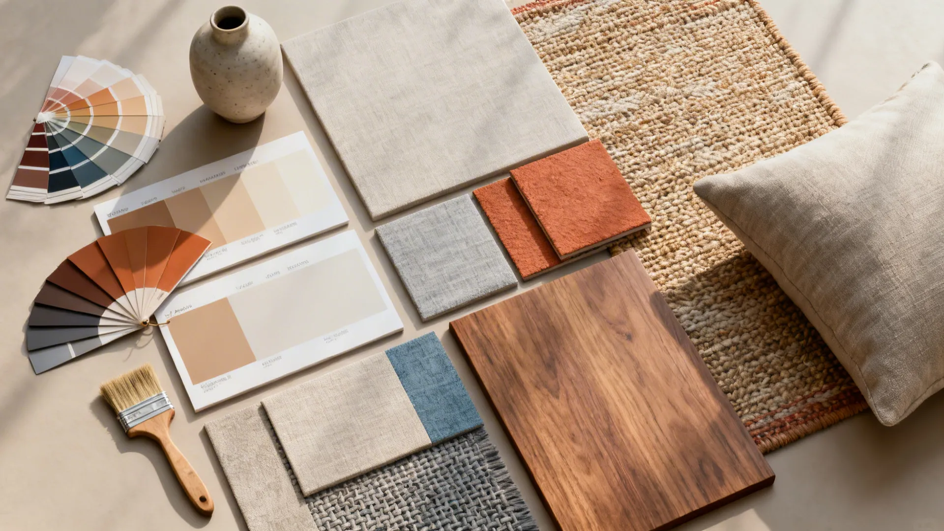Swatches and material samples showing a warm neutral, cool neutral, and terracotta accent with wood and woven textures.