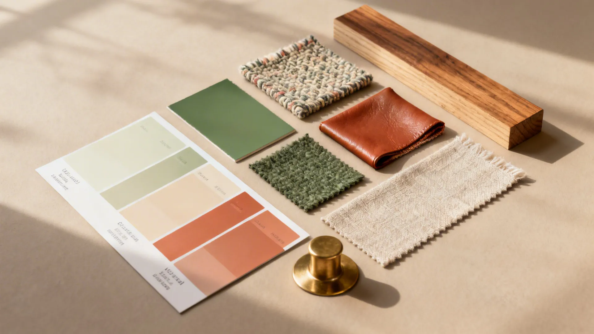 Flatlay of warm neutral and muted green/terracotta swatches with fabric and wood samples for a cohesive small-room palette.