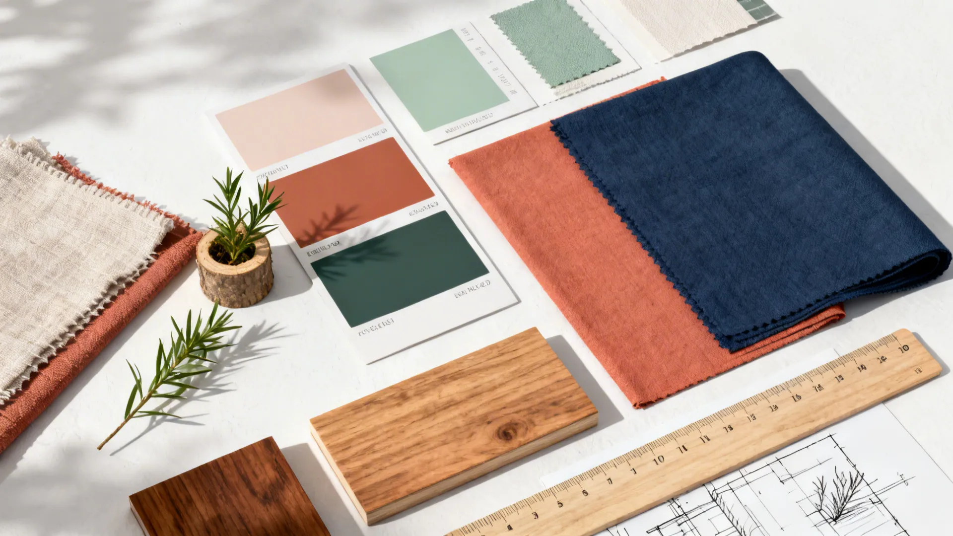 Interior design flat lay with color cards fabric samples wood pieces a ruler and floor plan