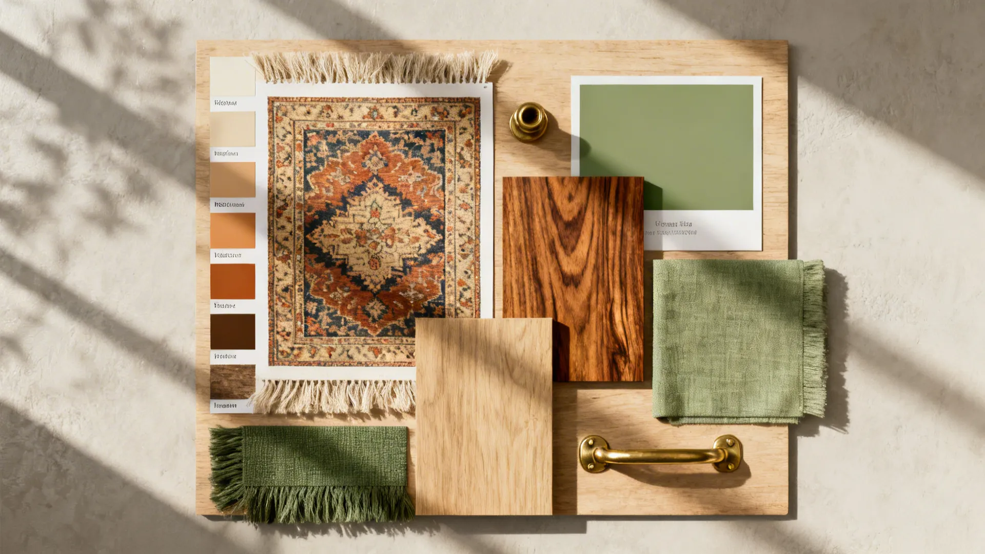 Flatlay of color swatches and material samples centered on a vintage rug palette.