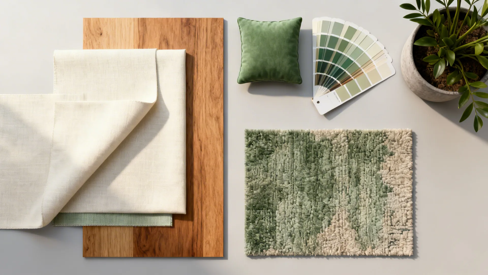 Flatlay of fabric swatches, paint chips and rug sample showing a cohesive two-to-three color palette