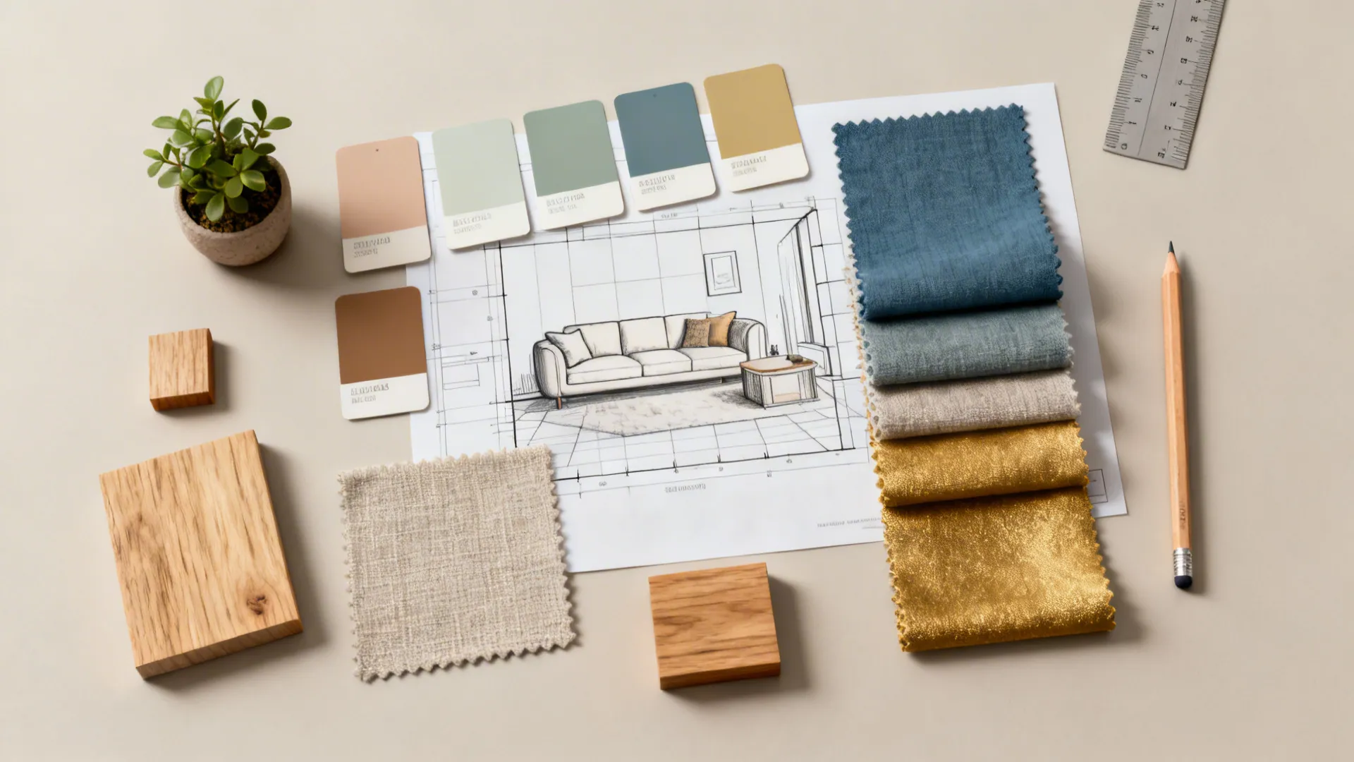 Top-down palette of paint chips, fabric swatches, wood samples and plant for living room planning