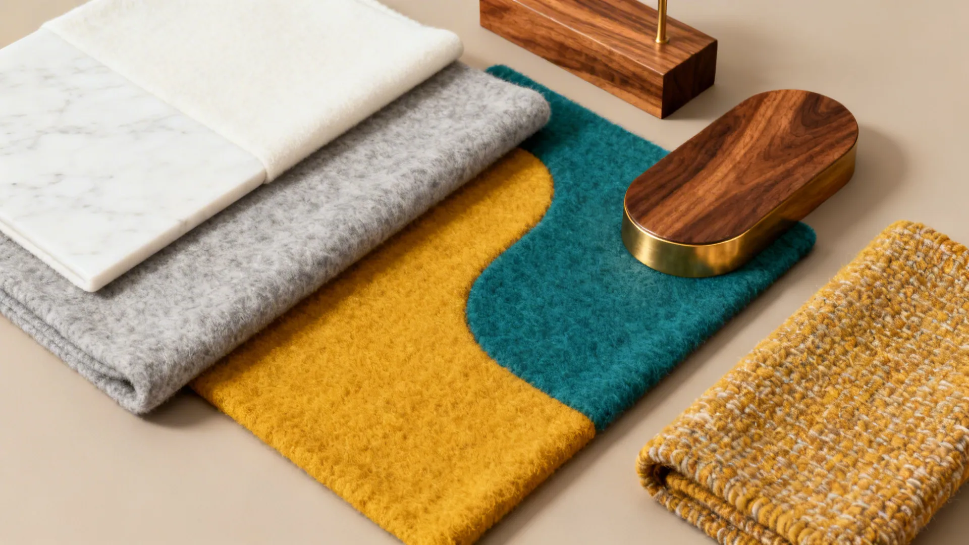 Flatlay of mid-century palette with mustard and teal accents and wood samples