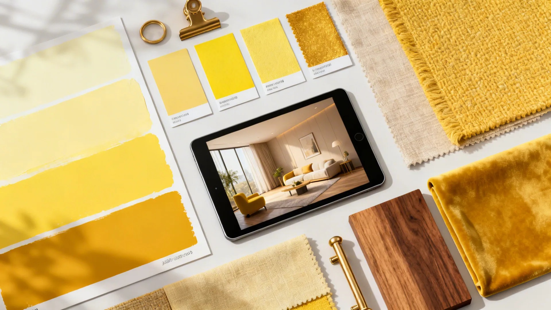 Top-down flatlay of yellow paint swatches, fabrics, wood samples and a 3D mockup tablet