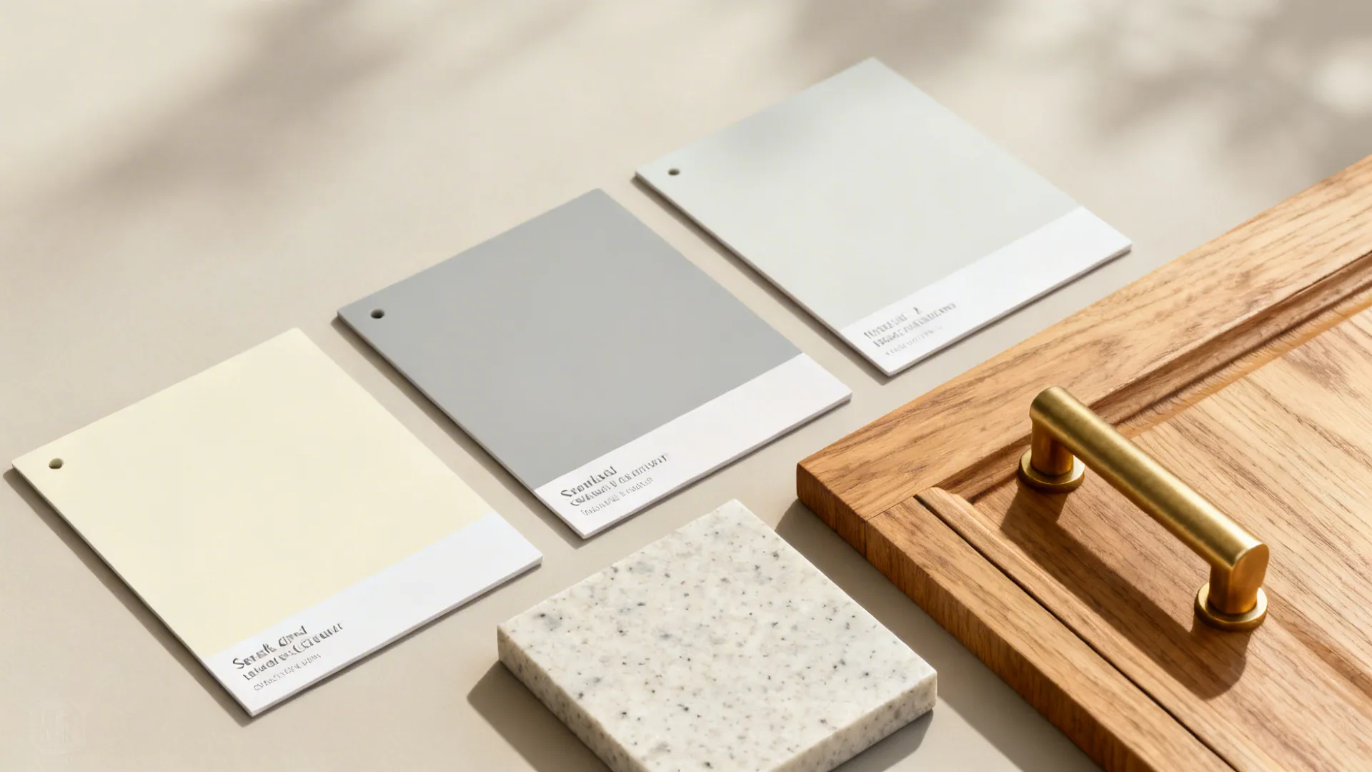 Flat lay of cream and grey swatches, oak veneer, quartz, brass, and sealed grout.