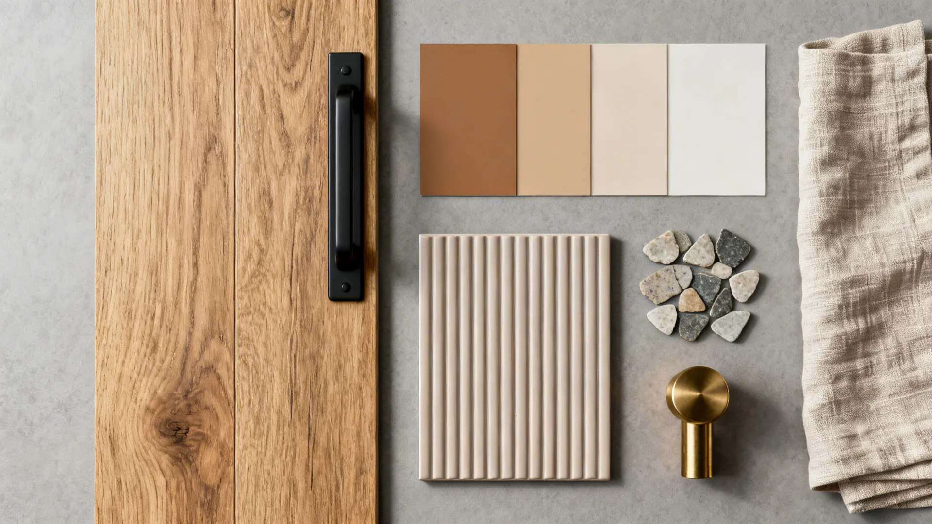 Flat lay of oak-look flooring, matte black hardware, warm neutrals, linen, tile, brass, and stone samples.