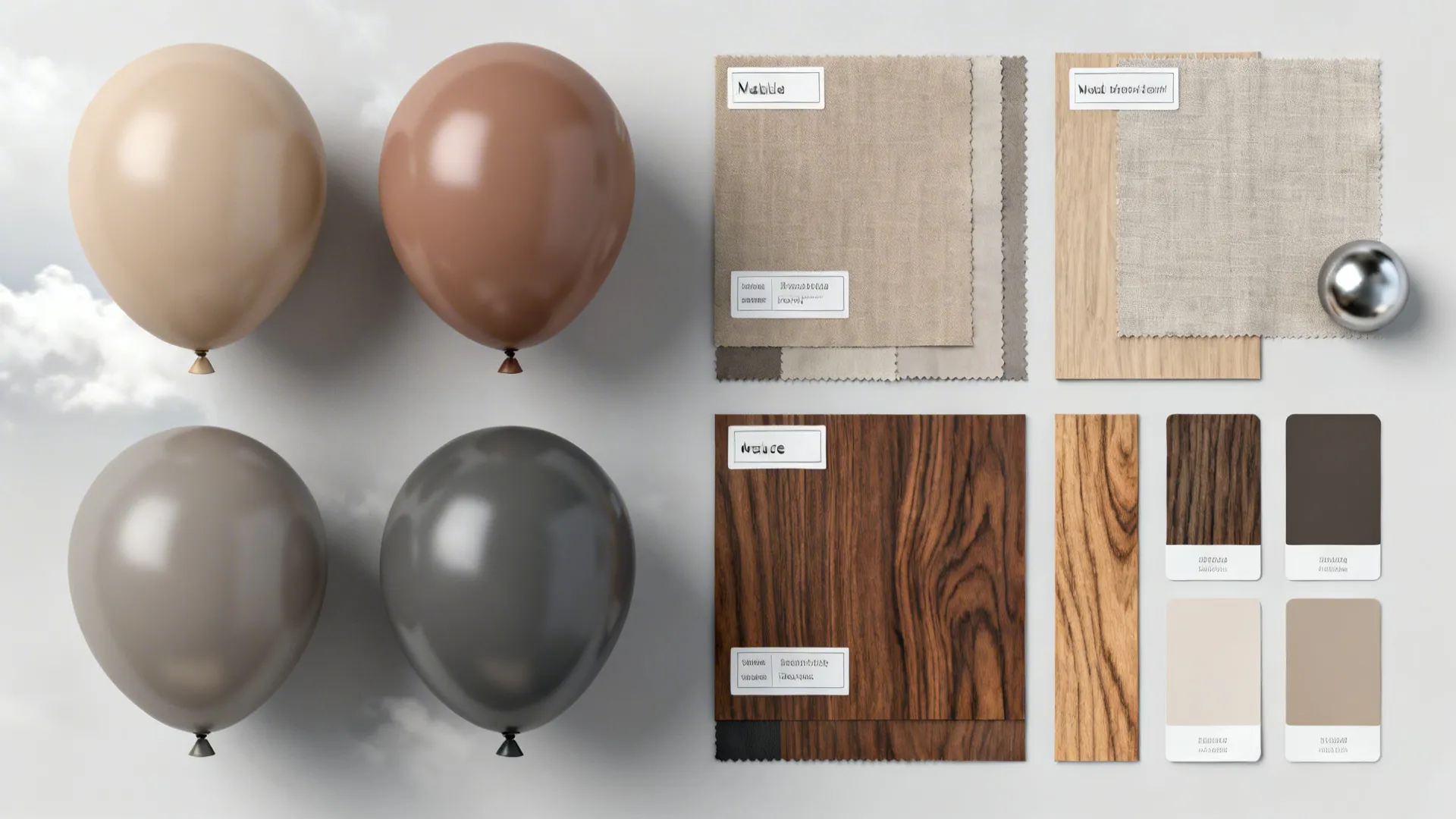 Interior design mood board with four balloons fabric samples wood textures and neutral color cards