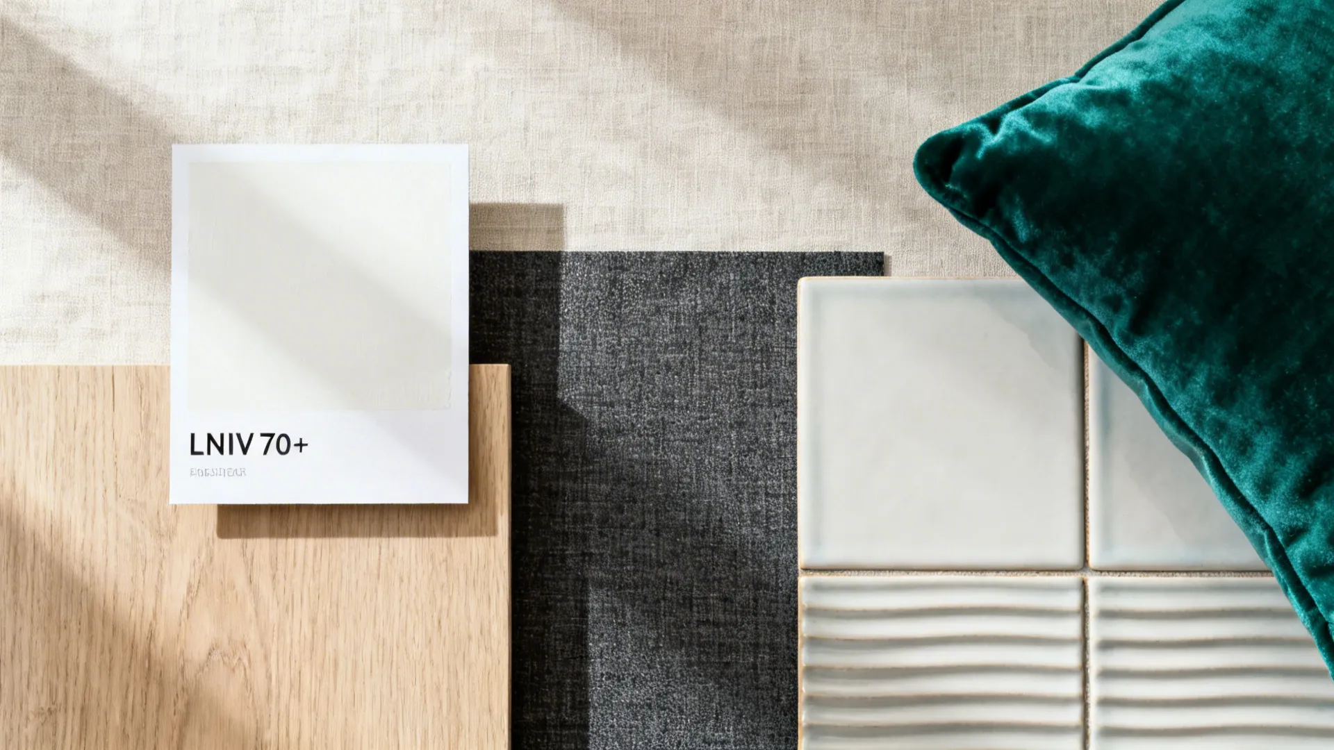 Flatlay of warm white, pale oak, charcoal textile, and an emerald accent swatch.